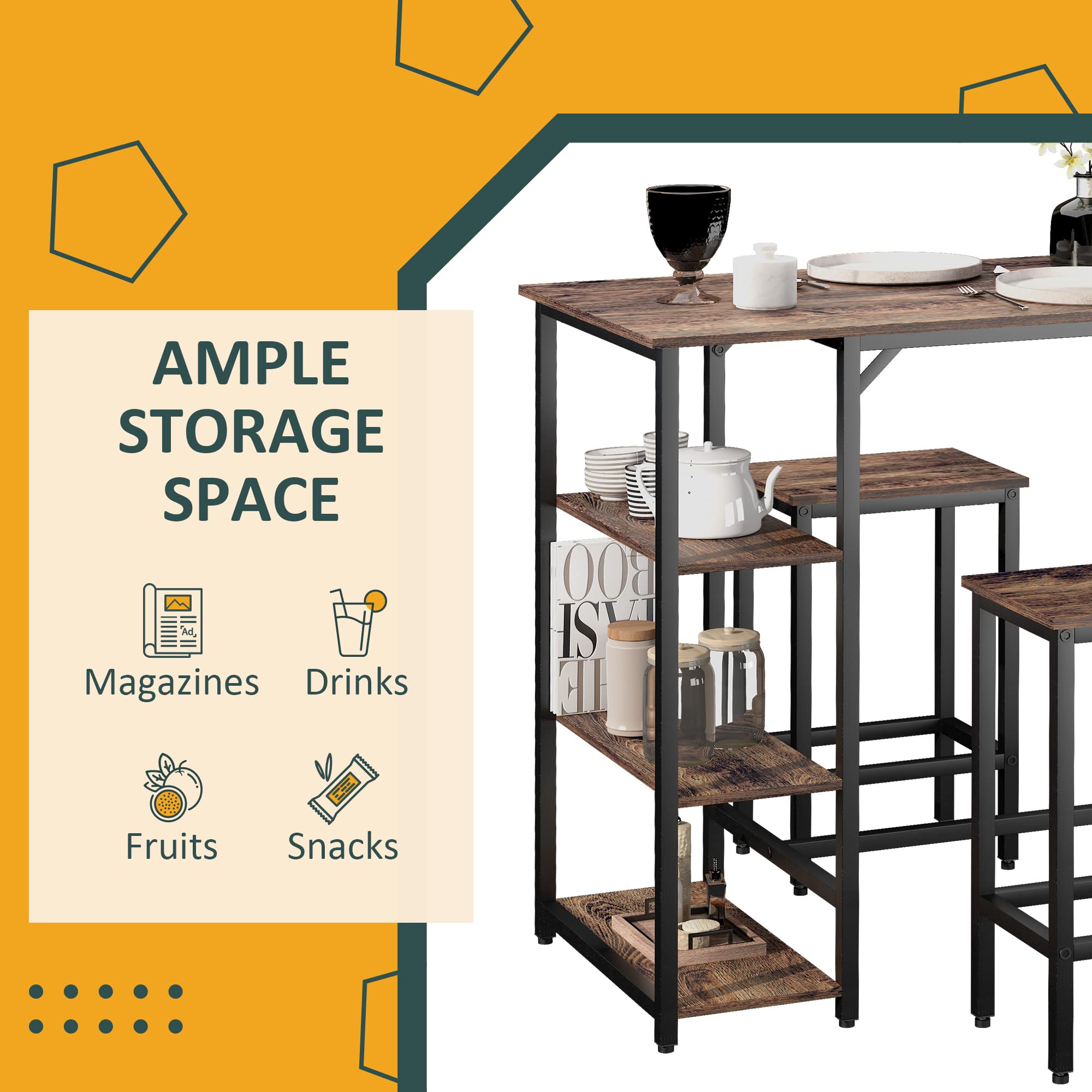HOMCOM Industrial 3-Piece Counter Height Dining Set - Rustic Brown Bar Table with 2 Stools & Storage Shelf for Kitchen, Bistro, or Small Space