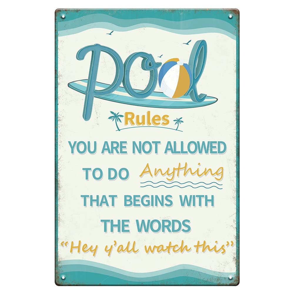 YOYI ART Funny Pool Rules Signs - Vintage Metal Tin Sign for Pool, Patio, Deck, Beach, Backyard Wall Decor - Perfect for Summer Parties, BBQ Gatherings & Outdoor Entertaining - 8 x 12 Inch