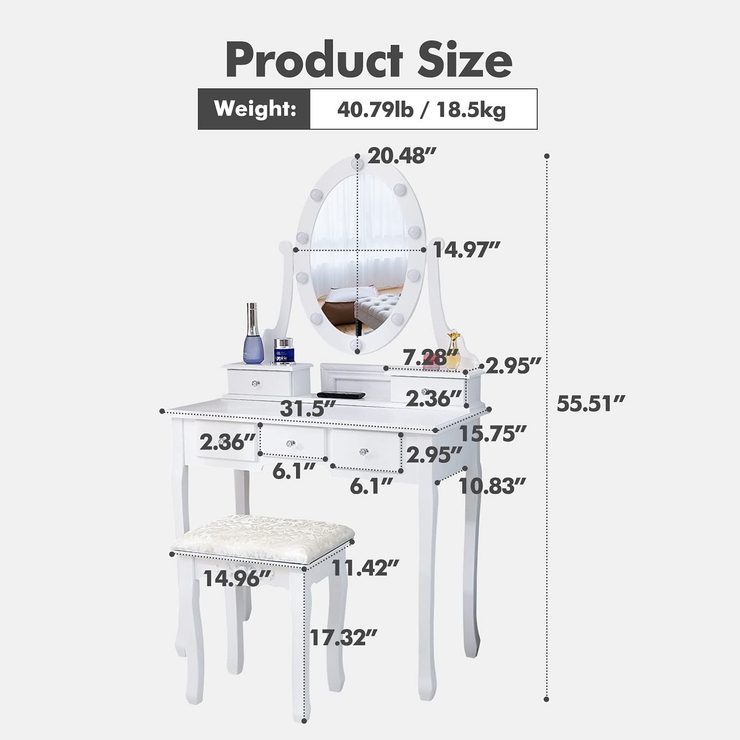 White Makeup Vanity Desk and Stool Set with LED Mirror - Small Dressing Table for Bedroom, Perfect for Beauty Routine & Makeup Application