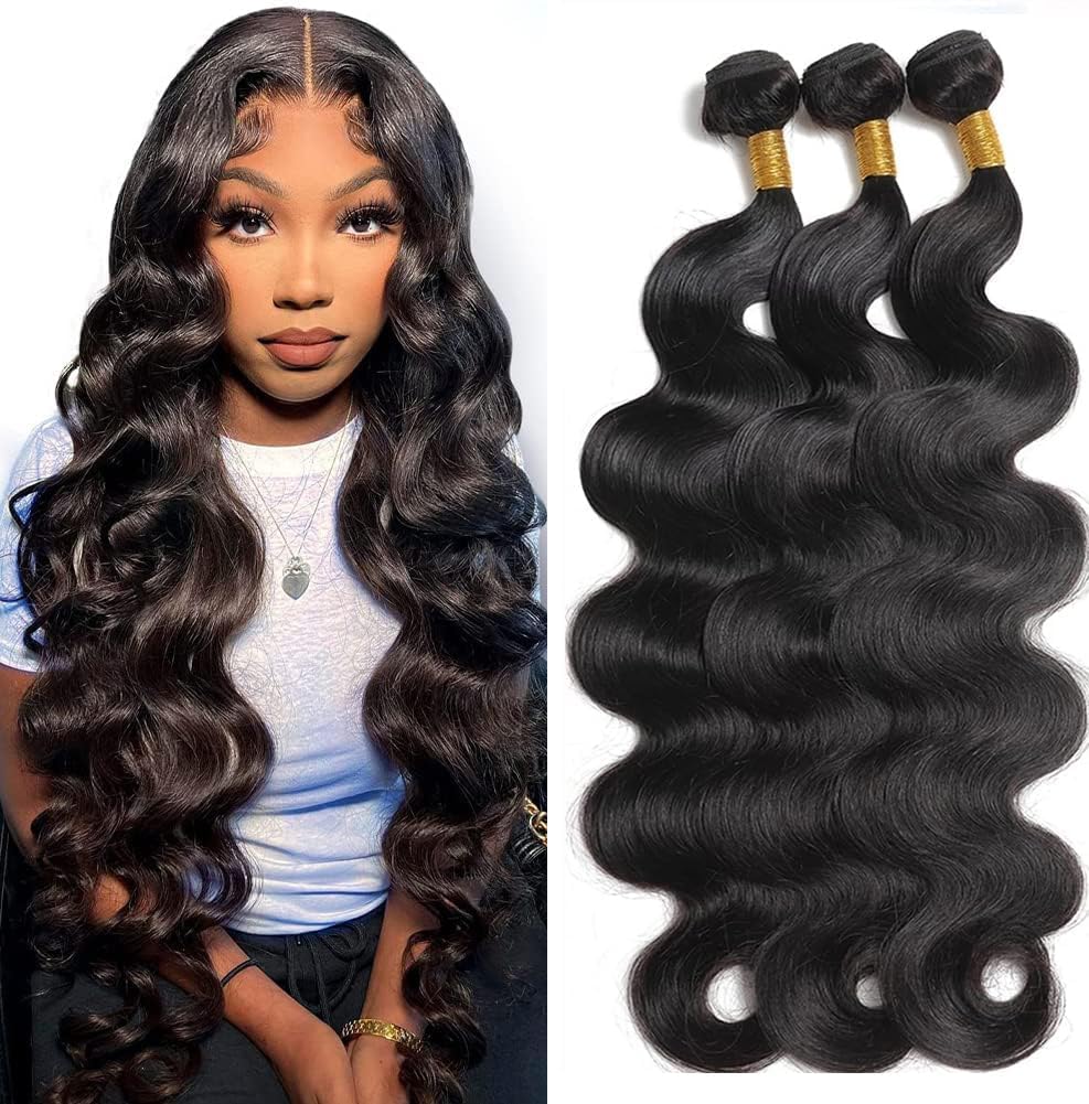 10A Brazilian Body Wave Human Hair Bundles 26-30 Inch - 100% Unprocessed Virgin Hair Extensions (3 Bundles, Natural Black) for Styling, Weaving & Volume Boost - Perfect for Daily Wear, Parties & Special Occasions