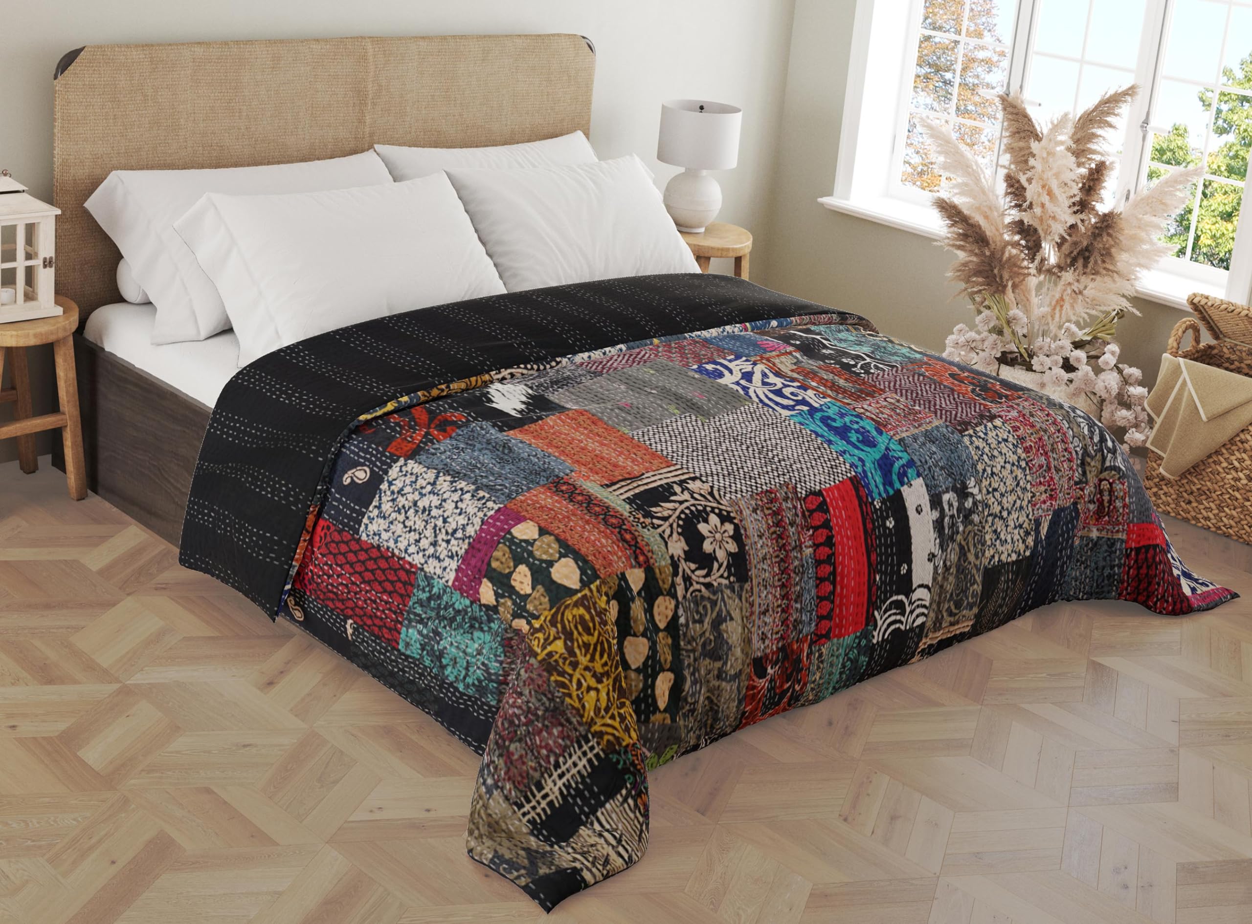 Handmade Cotton Kantha Blanket - Indian Silk Sari Patchwork Quilt | Queen Size 90x108 Inch | Soft & Lightweight for Bed, Sofa & Travel | Marubhumi Premium Blankets