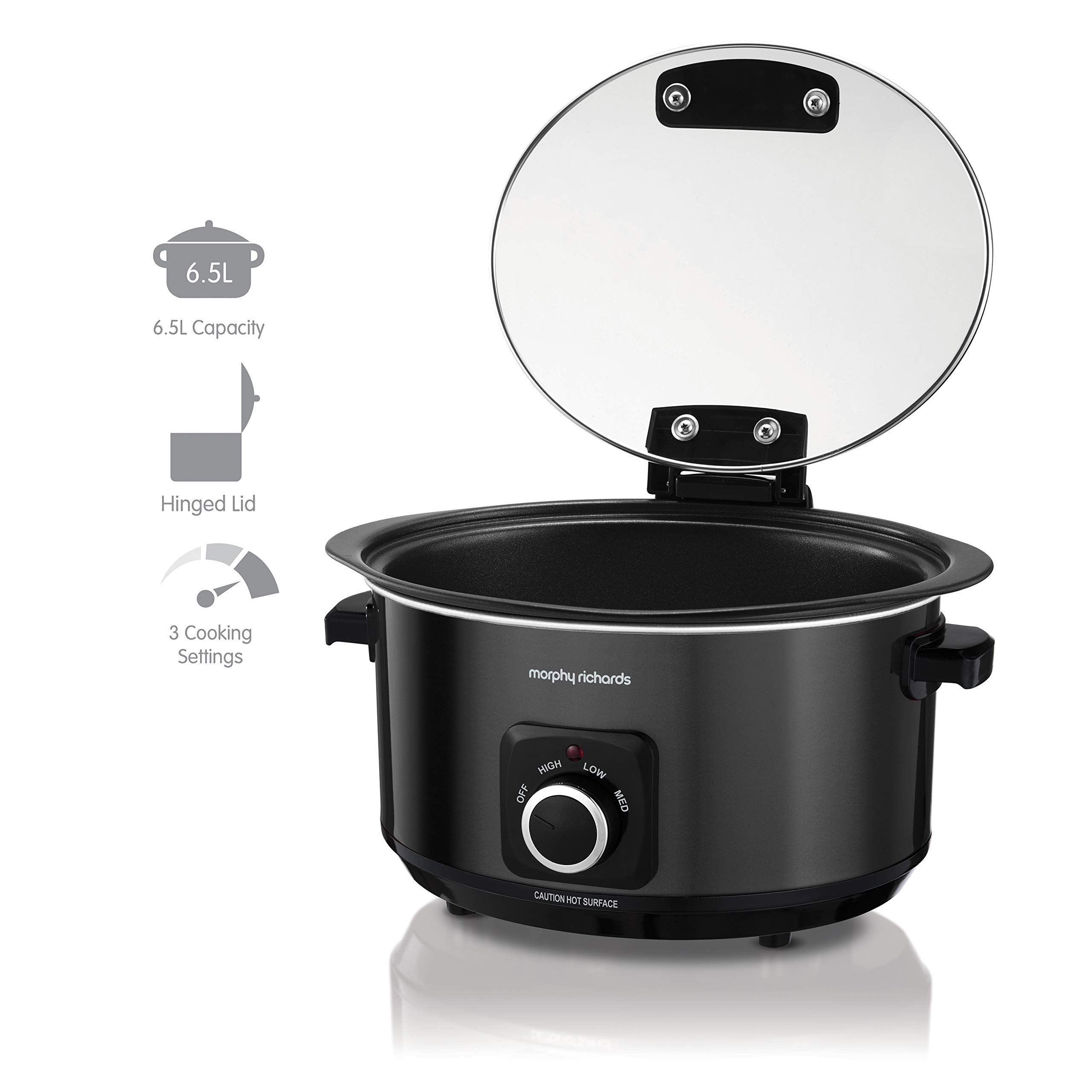 Morphy Richards 6.5L Slow Cooker with Detachable Hinged Lid - Shatterproof Aluminum Pot, 3 Heat Settings, Hob Safe, Easy to Clean (163W, Black, Model 461020) - Perfect for Stews, Soups, and Family Meals