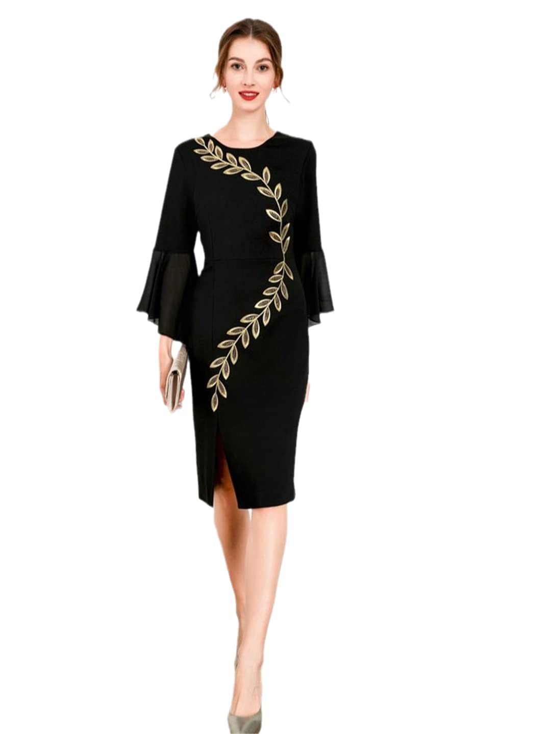 Elegant Office Ladies Dress with Flare Sleeves - Luxury Beaded Embroidery Midi Dress in Black & Red | Perfect for Work, Cocktail Parties & Special Occasions