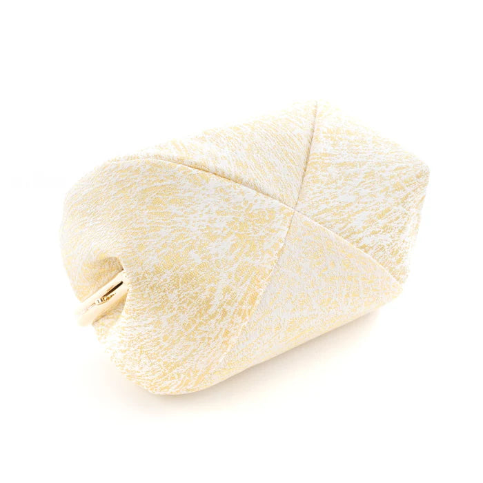 Handmade Kyoto Nishijin Ori Small Pouch - Elegant Crumpled Gold & White Pattern | Japanese Cosmetic Makeup Bag, Gamaguchi Pouch for Travel Toiletry, Stationery & Bag Organizer | Perfect Gift for Women, Luxury Bag-in-Bag Accessory for Daily Use & Special Occasions