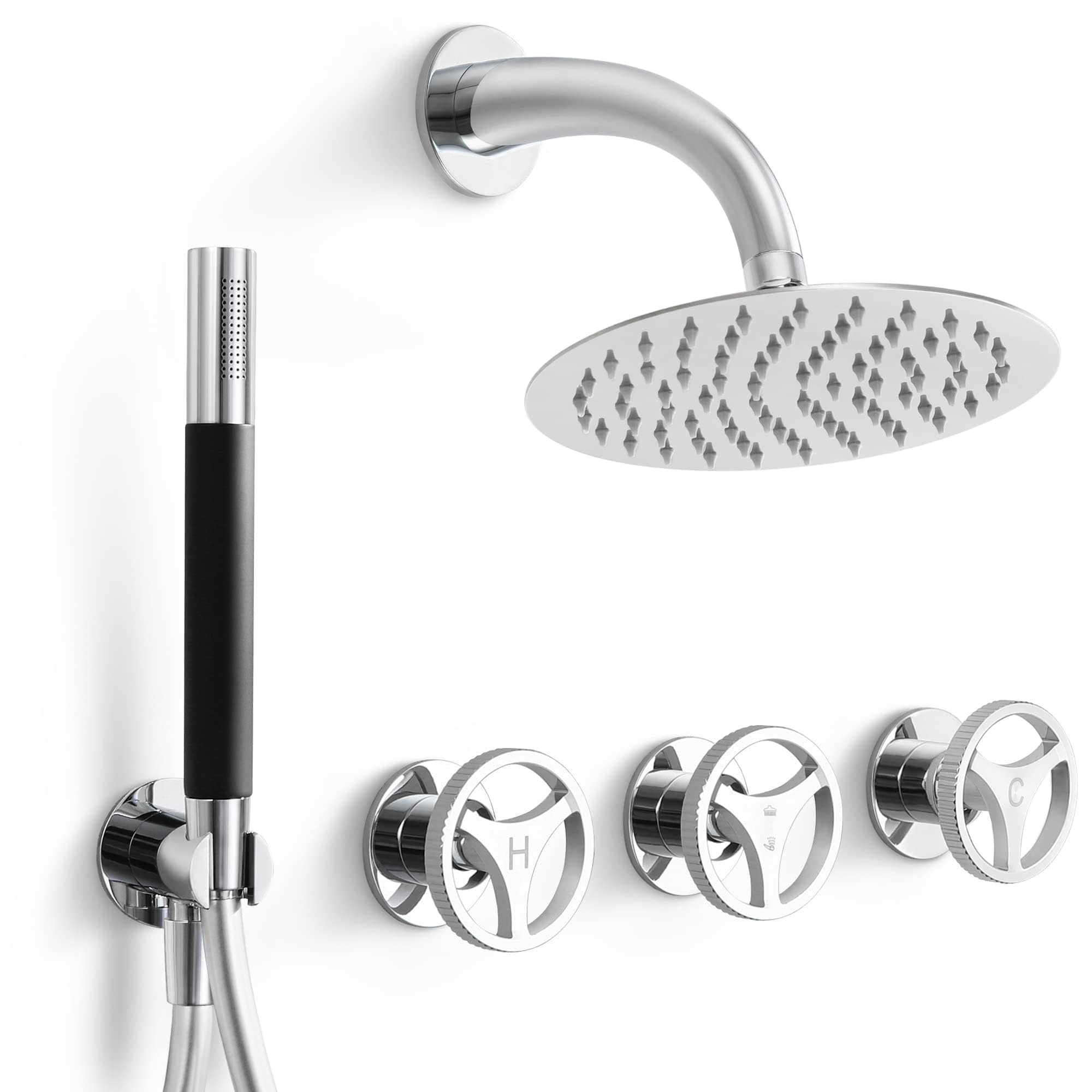 SKOWLL 8 Inch Industrial Shower Head System - Wall Mount Rain Shower Faucet Set with 3 Knobs & 2-Function Valve Kit, Polished Chrome - Perfect for Modern Bathroom & Spa-Like Shower Experience