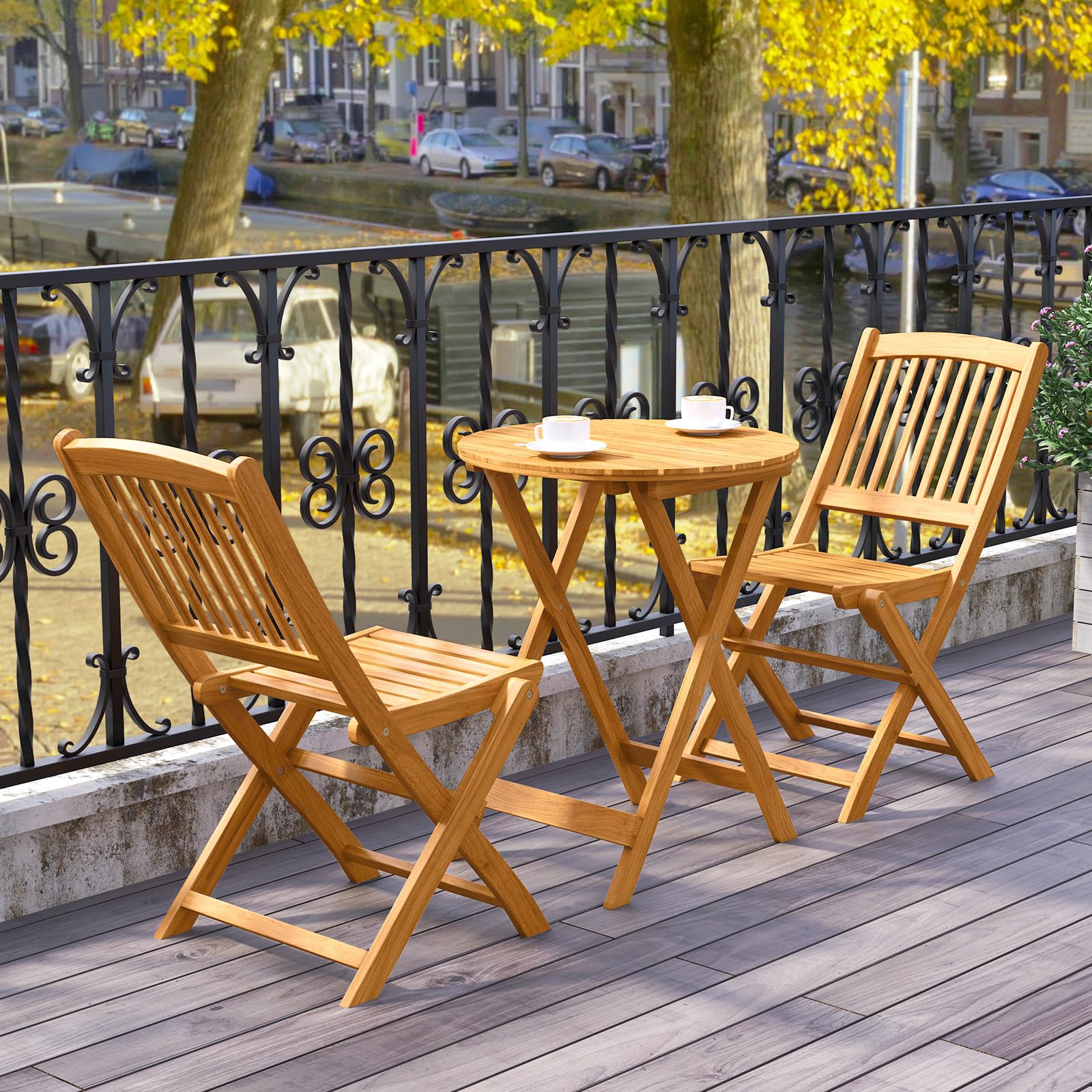 Tangkula 3-Piece Acacia Wood Patio Bistro Set with Cushions - Outdoor Folding Table & Chairs for Garden, Deck, Balcony, Backyard - Perfect for Dining, Relaxing & Entertaining