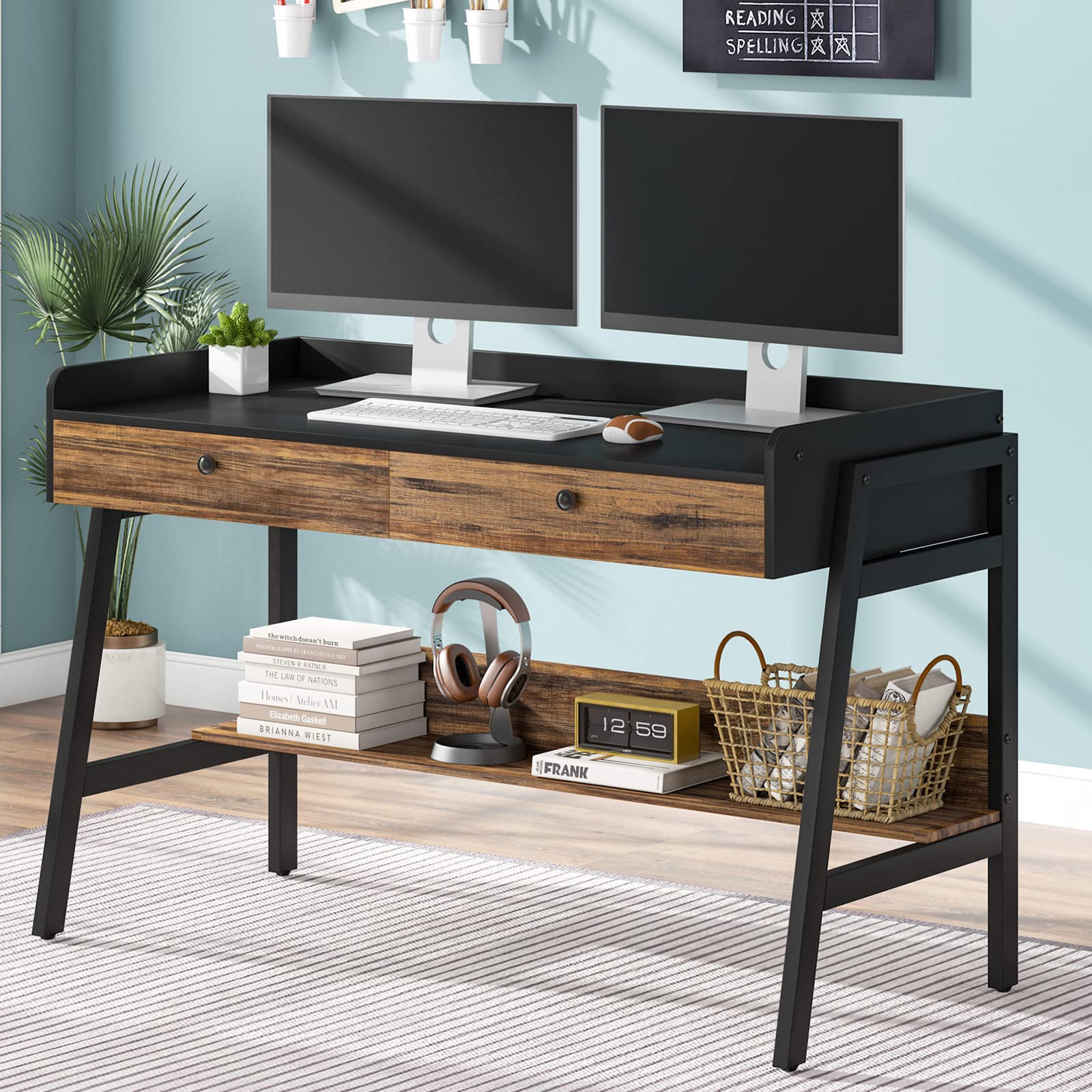 Tribesigns 47 Inch Industrial Computer Desk with 2 Drawers & Storage Shelves - Modern Home Office Desk, Study Table Workstation for Small Spaces, Gaming & Remote Work