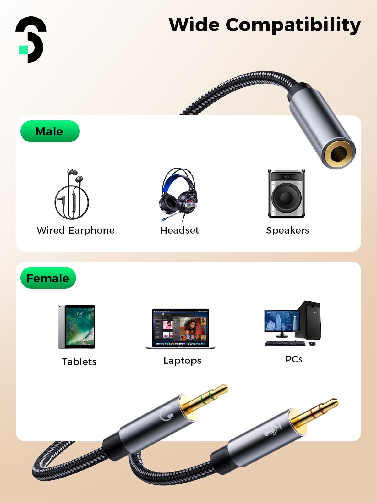 SOOMFON 3.5mm Headphone Mic Splitter - Aux Female to 2 Male Dual Jack Adapter - 24K Gold-Plated Stereo Audio Splitter for Gaming Headset, Earphone, Laptop, PS4 - 2-Way Sharing for Music, Movies & Gaming (30cm/1ft)