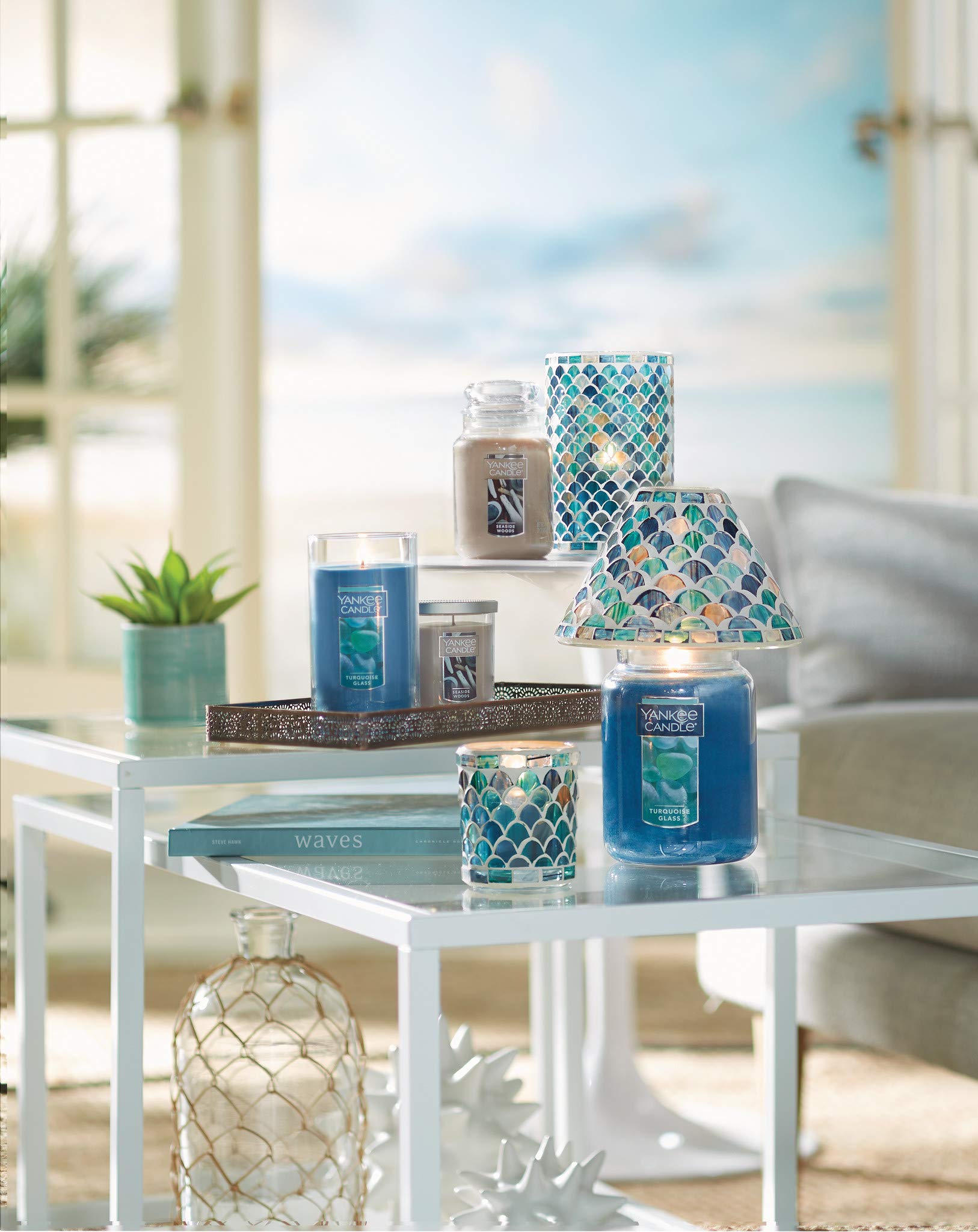 Yankee Candle Fresh Ocean Mosaic Votive Candle Holder - Decorative Glass Candle Jar for Home Decor, Bathroom & Relaxation