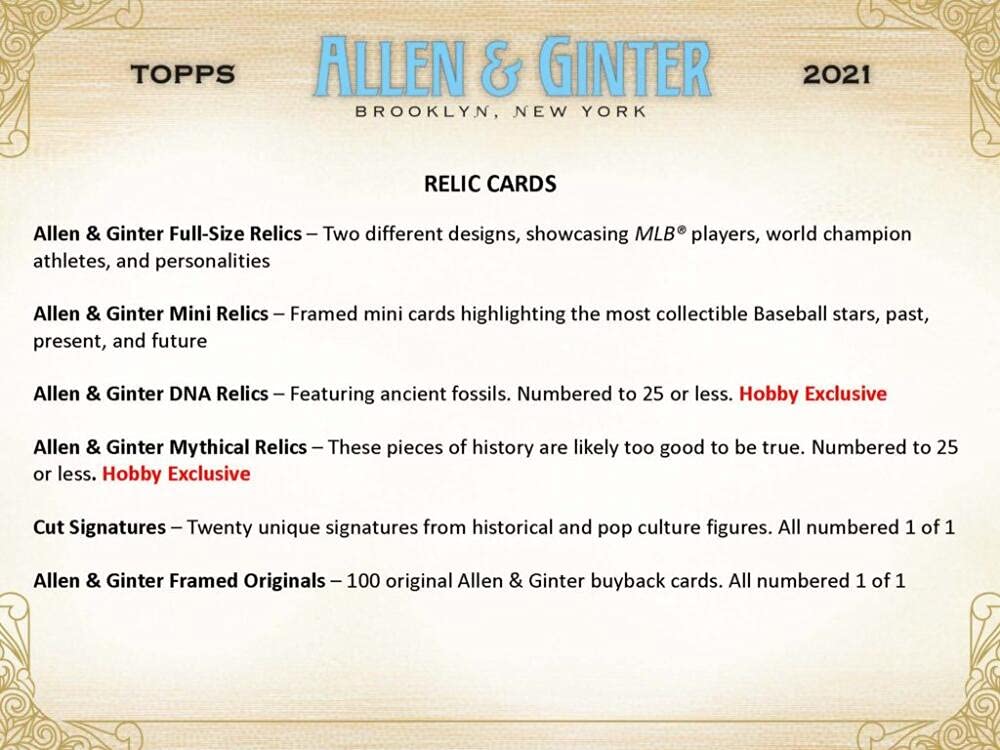 2021 Topps Allen & Ginter Baseball Hobby Box - 24 Packs (8 Cards Each) with 3 Guaranteed Hits - Collectible Trading Cards for Baseball Fans & Card Collectors - Perfect for Trading, Collecting, and Displaying