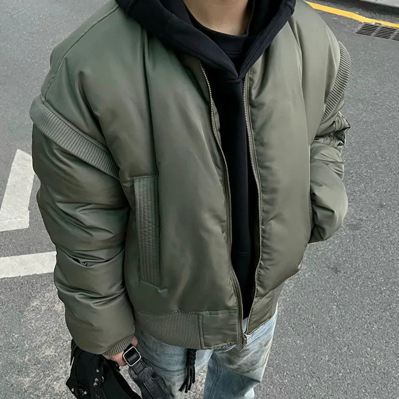 American Style Men's Padded Jacket with Detachable Sleeves - Vintage Zipper Design Thick Warm Winter Coat for Outdoor Activities & Casual Wear | Solid Color Fashion Jacket 9C8835