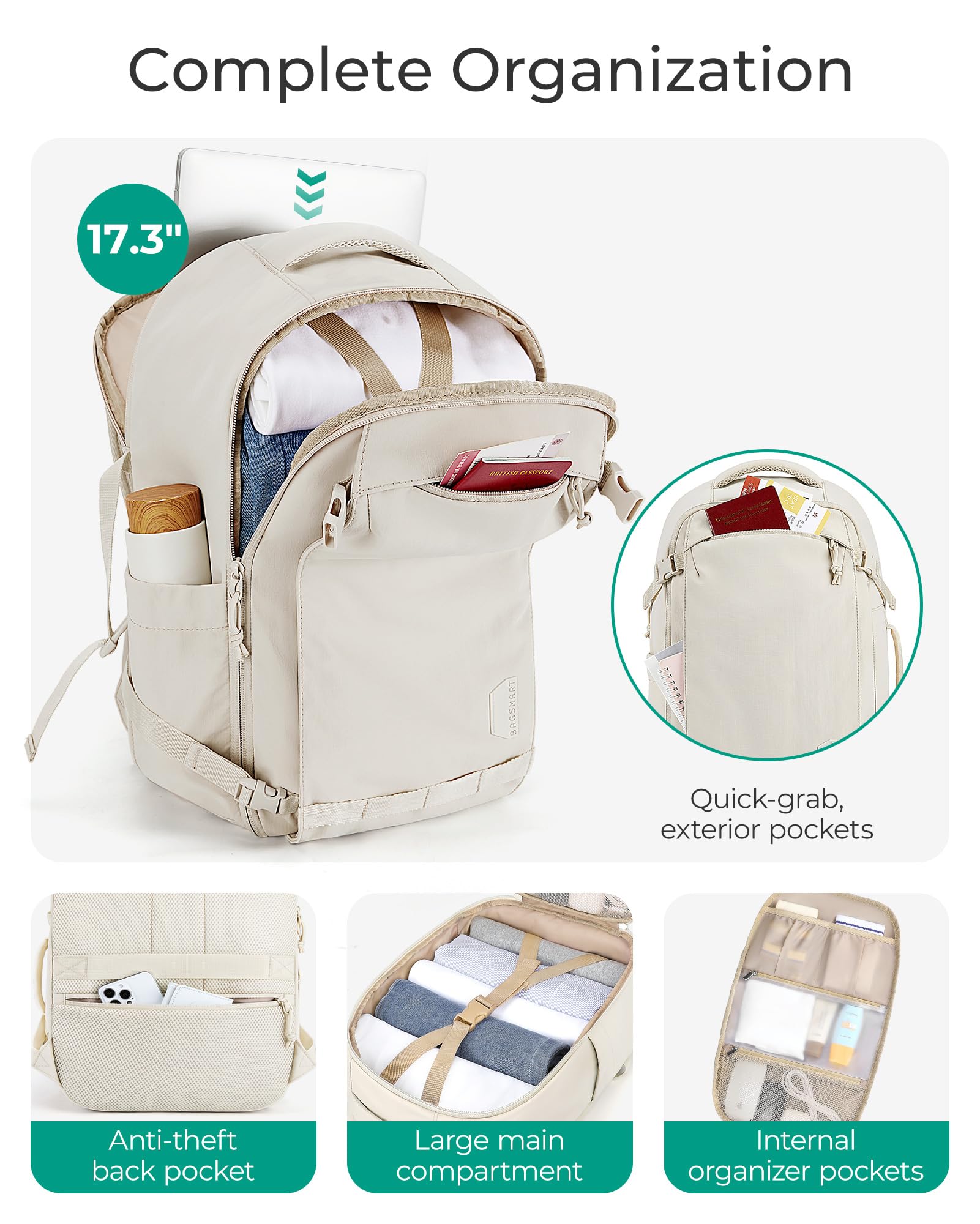 BAGSMART 30L Travel Backpack for Women - TSA Approved Carry On Backpack, Water Resistant Flight Personal Item Bag, Lightweight Weekender Luggage & Daypack (Beige) - Perfect for Air Travel, Business Trips & Weekend Getaways