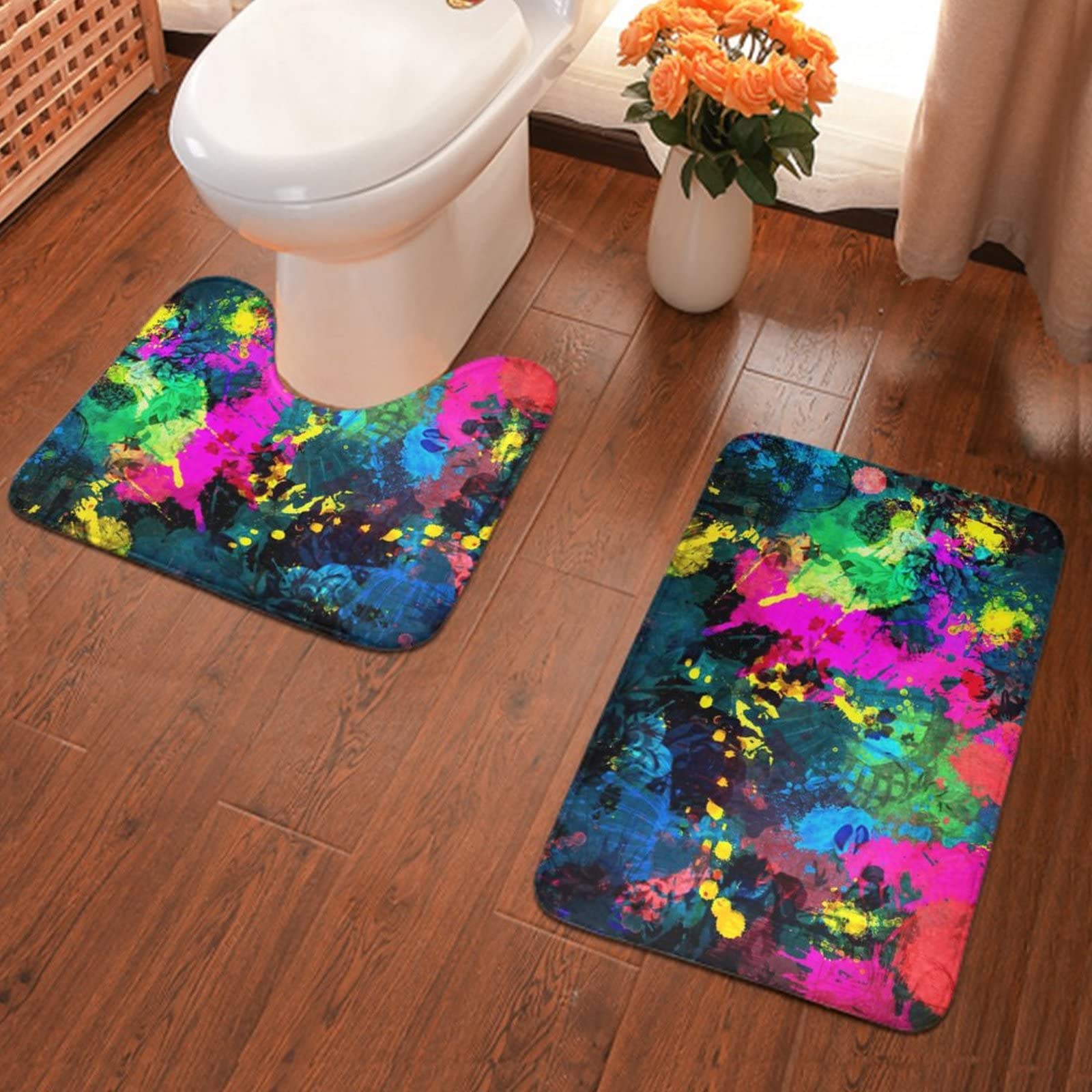 Luxury Soft Bathroom Rugs and Mats Set - 2 Piece Non-Slip Absorbent Paint Splatter Design for Tub, Shower & Toilet | Perfect for Modern Bathrooms, Spa-Like Retreats & Guest Bath Decor