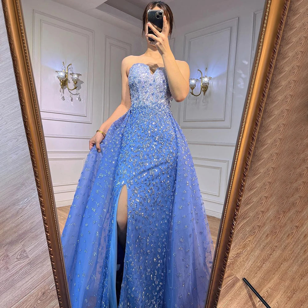 Serene Hill Blue Mermaid Evening Gown with High Split & Beaded Sweetheart Neckline - Formal Women's Party Dress LA71796 for Prom, Wedding & Special Occasions