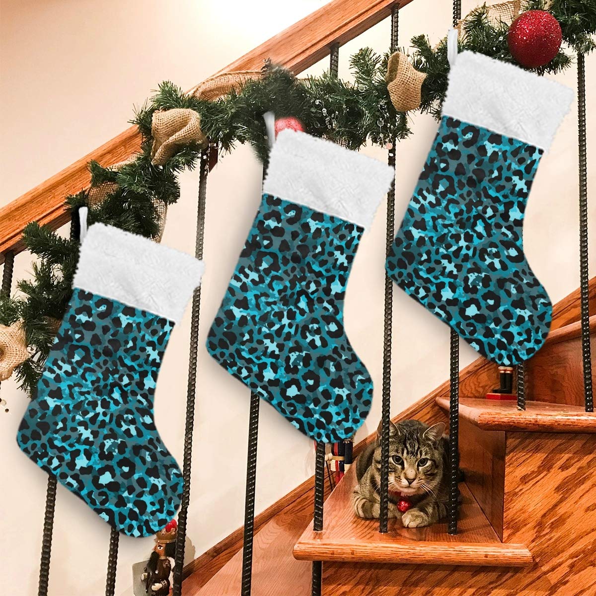 Fashion Teal Green Leopard Print Faux Fur Christmas Stockings - 17 Inch Large Hanging Socks for Fireplace, Holiday Decor, Xmas Party & Family Gatherings (1 Piece) - Perfect for Gift Exchanges, Stocking Stuffers & Festive Home Decoration