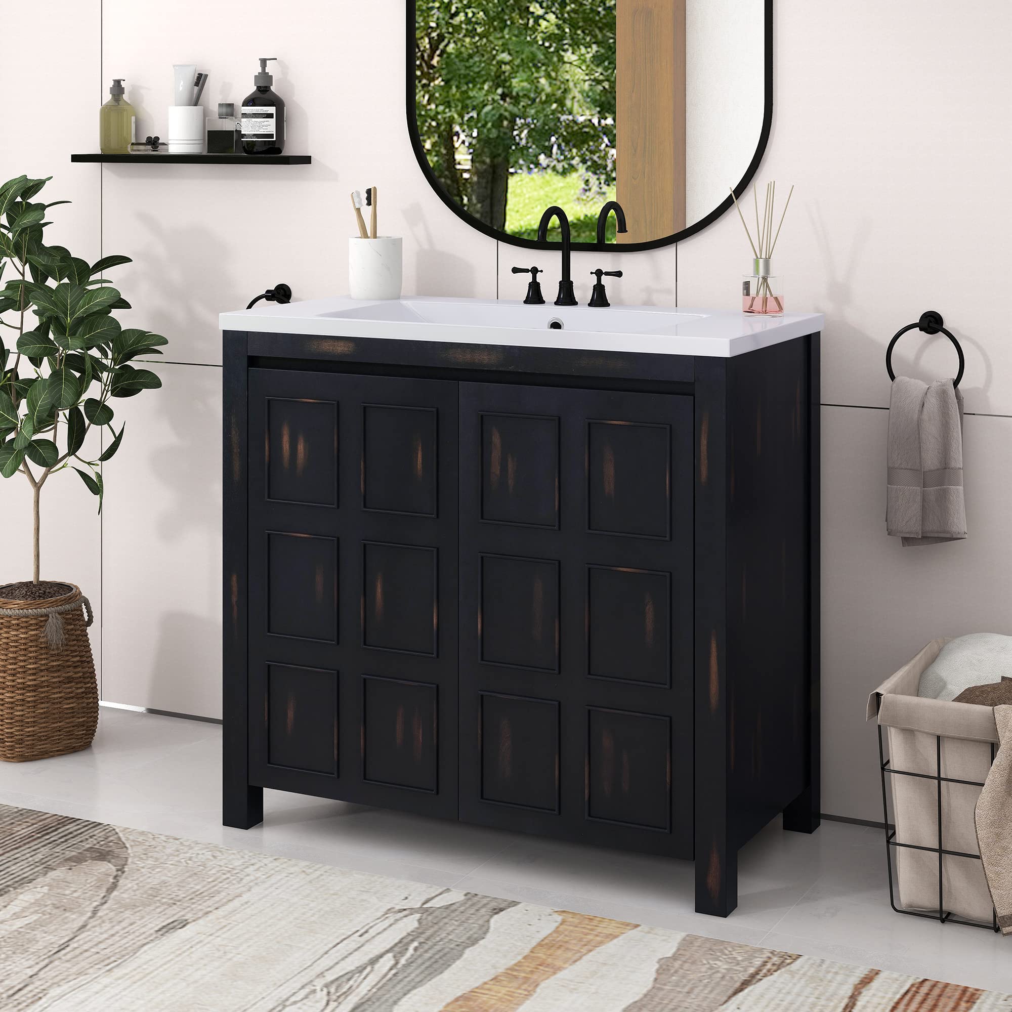 P PURLOVE 36 Inch Modern Bathroom Vanity with Sink Top Combo Set - Single Bathroom Cabinet with Adjustable Shelf, Soft Closing Doors & Wooden Finish - Perfect for Small Bathrooms, Powder Rooms & Home Renovations