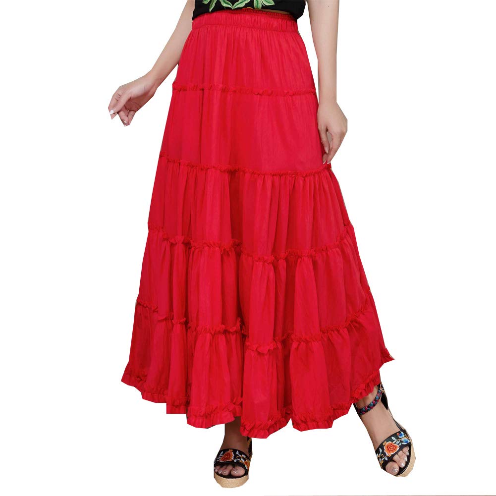 Saukiee Women's Bohemian Elastic Waist Long Skirt - Cotton Circle Ruffle Broomstick Peasant Maxi Tiered Skirts for Summer, Beach, Festival & Casual Wear