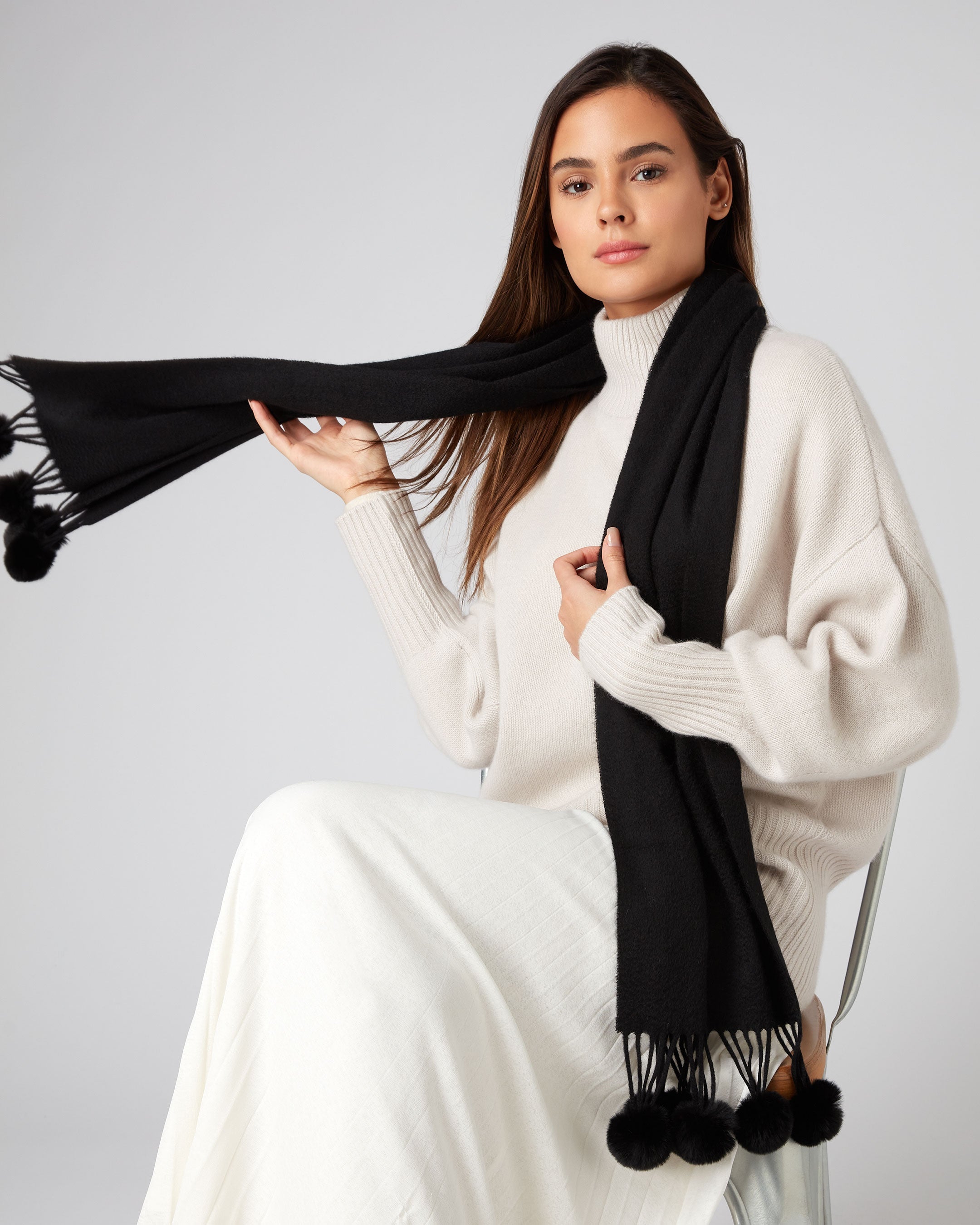 Luxury Women's Davos Fur Pom Pom Cashmere Scarf - Soft Winter Warm Black Scarf for Women - Perfect for Cold Weather, Office & Holiday Outfits
