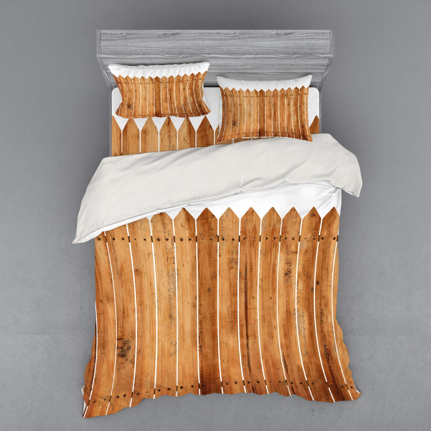 Ambesonne Farmhouse Duvet Cover Set - Queen Size 4-Piece Bedding Set with Shams & Fitted Sheet, Triangle Timber Border Stripes Design in White & Brown | Cozy Farmhouse Bedroom Decor for Master Bedroom, Guest Room & Vacation Homes