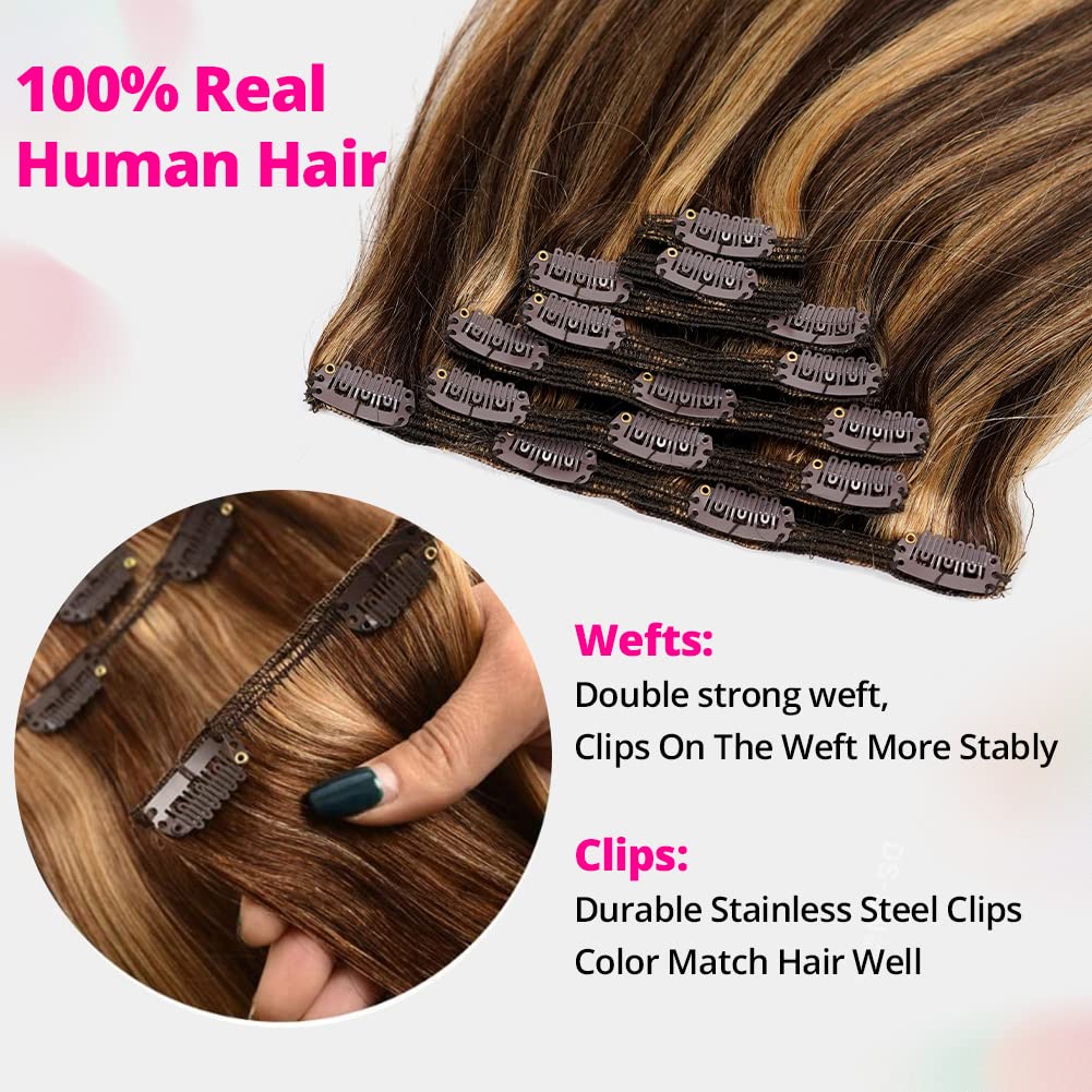 Asteria Clip In Hair Extensions 16 Inch - 7pcs 120g Real Human Hair Straight Extensions for Women (Chocolate Brown to Caramel Blonde Highlights) - Perfect for Parties, Weddings & Everyday Volume Boost