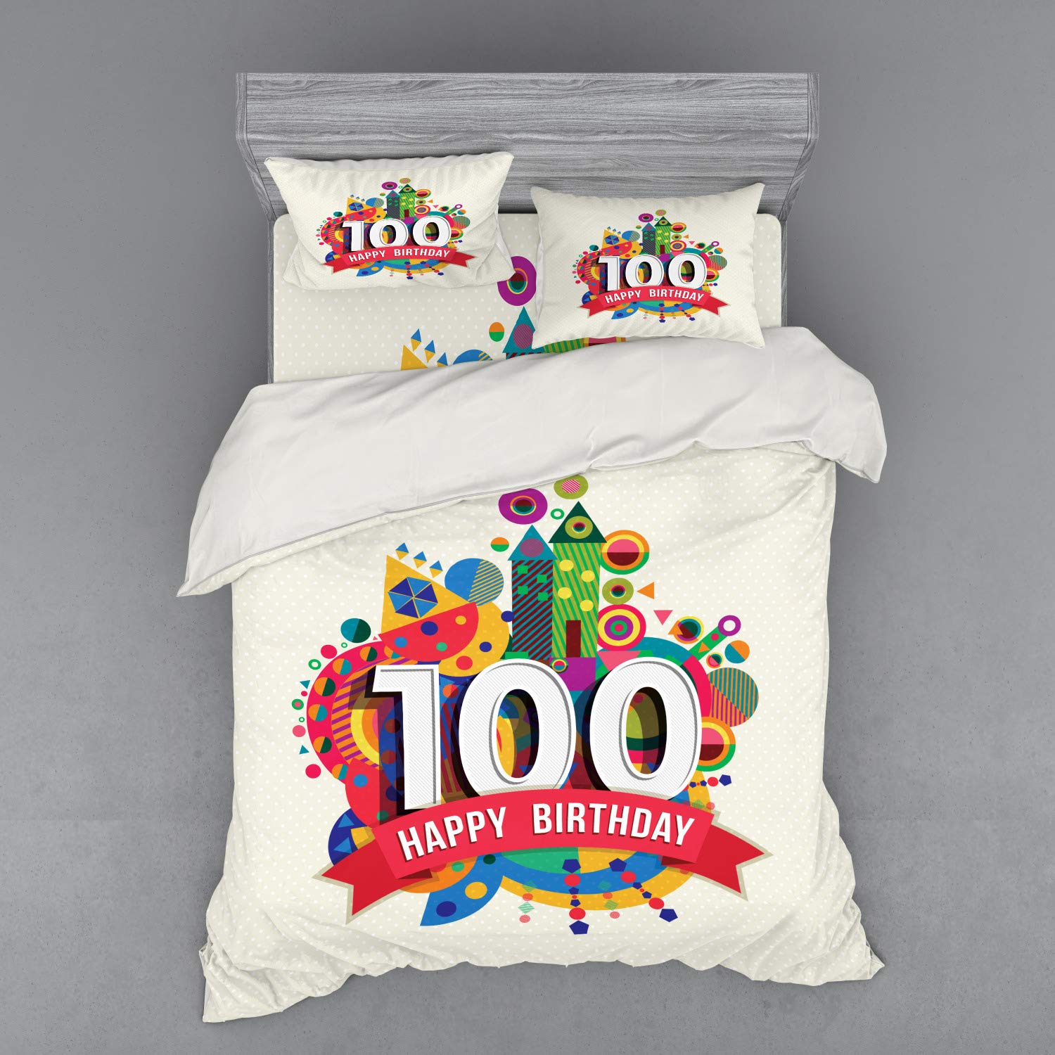 Ambesonne 100th Birthday Bedding Set - Queen Size 4-Piece Duvet Cover with Shams & Fitted Sheet - Geometric Abstract Digital Print with Castle & Boat Design - Multicolor - Perfect for Birthday Party Decorations & Special Occasions