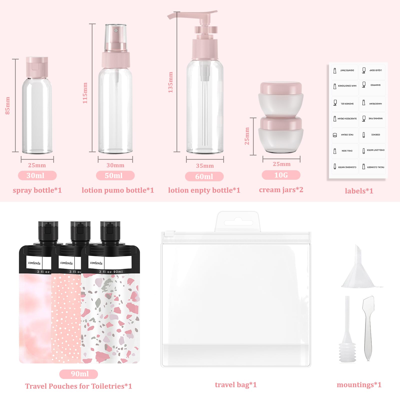 TSA Approved Leakproof Travel Bottles Set (12 Pack) - Pink Cosmetic Containers for Shampoo, Conditioner & Lotion | Perfect for Air Travel, Gym & Vacation Toiletries Organization