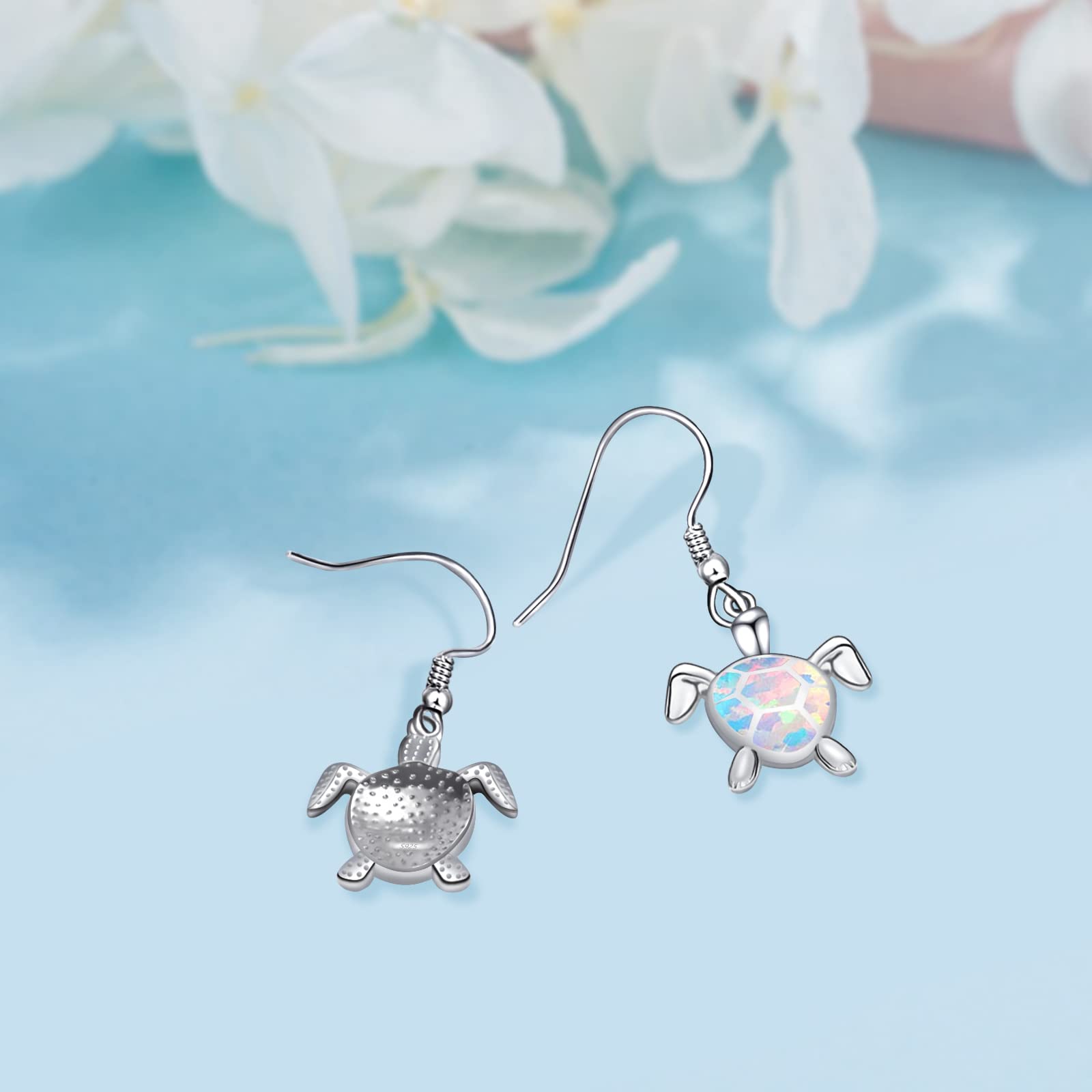 KINGWHYTE 925 Sterling Silver Turtle Dangle Earrings with Hawaiian Blue Opal - Elegant Animal Jewelry for Women | Perfect Gift for Beach Vacations, Summer Outfits & Boho Fashion