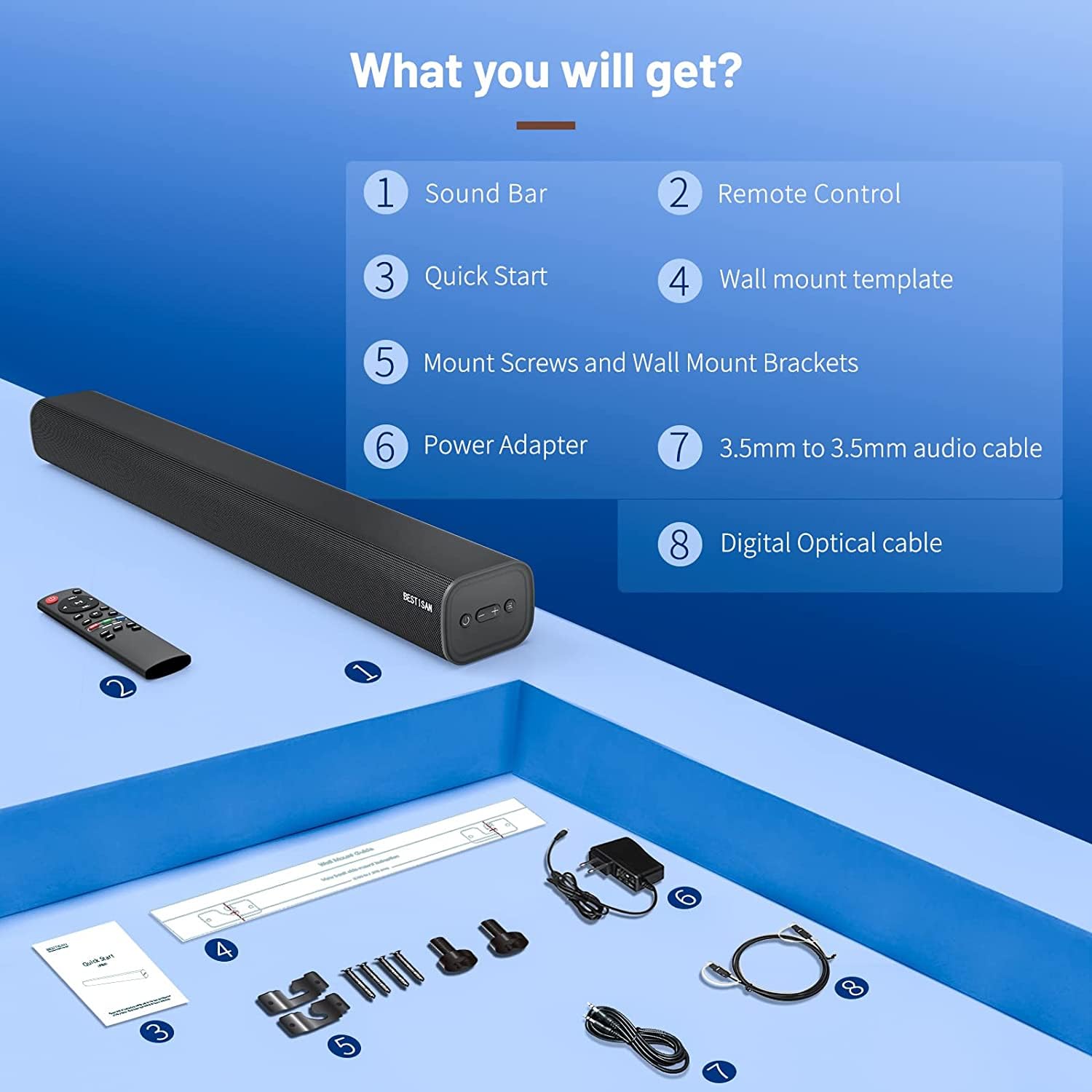 BESTISAN 28 Inch Sound Bar for TV - Bluetooth 5.0 Wired & Wireless Speaker with HDMI/Optical/Aux/RCA/USB, 3 EQ Modes, Remote Control, Wall Mountable - Perfect for Home Theater, Gaming & Movie Nights
