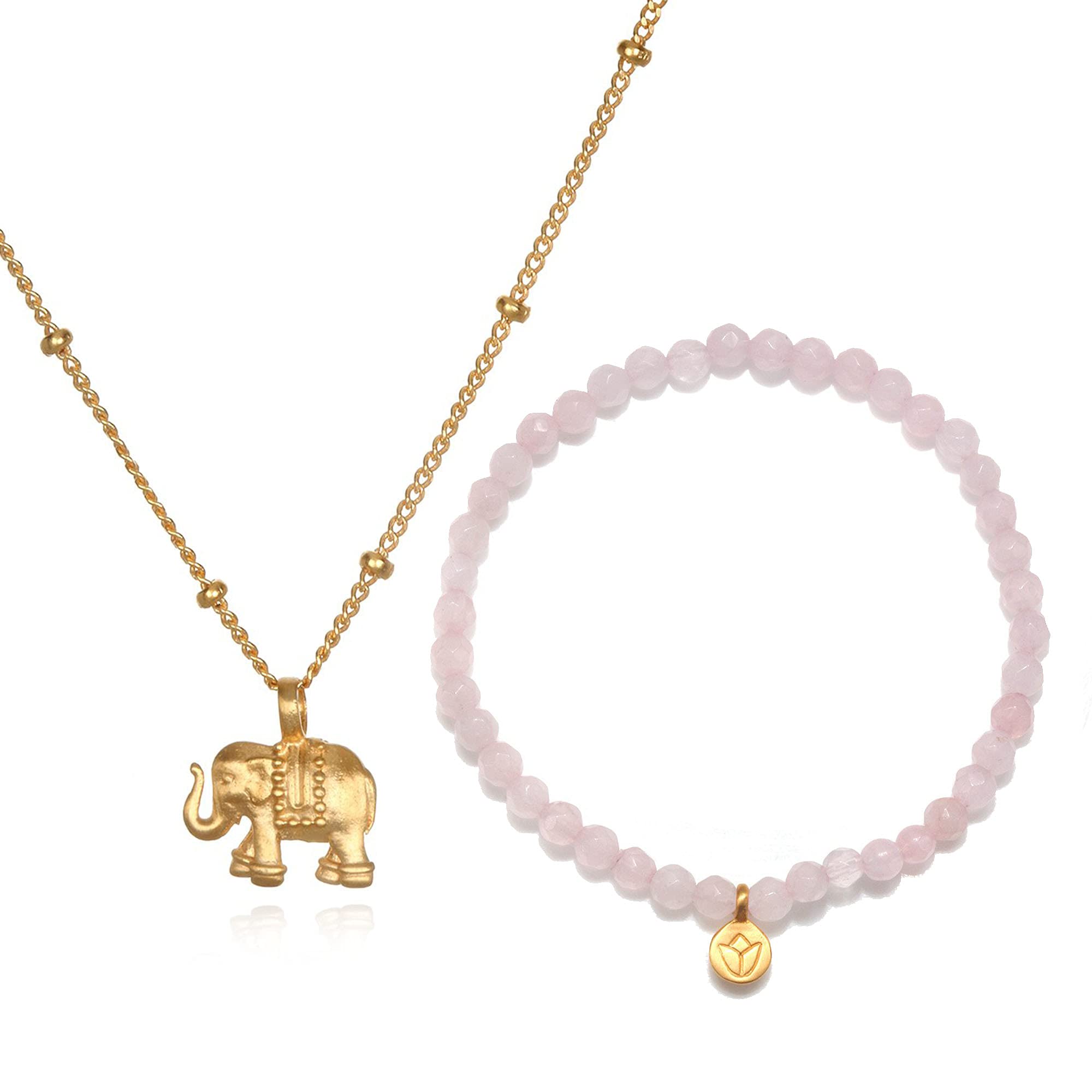Satya Jewelry 18K Yellow Gold Plated Elephant Pendant Necklace & Rose Quartz Lotus Bracelet Set for Women - Perfect for Meditation, Yoga & Spiritual Gifts