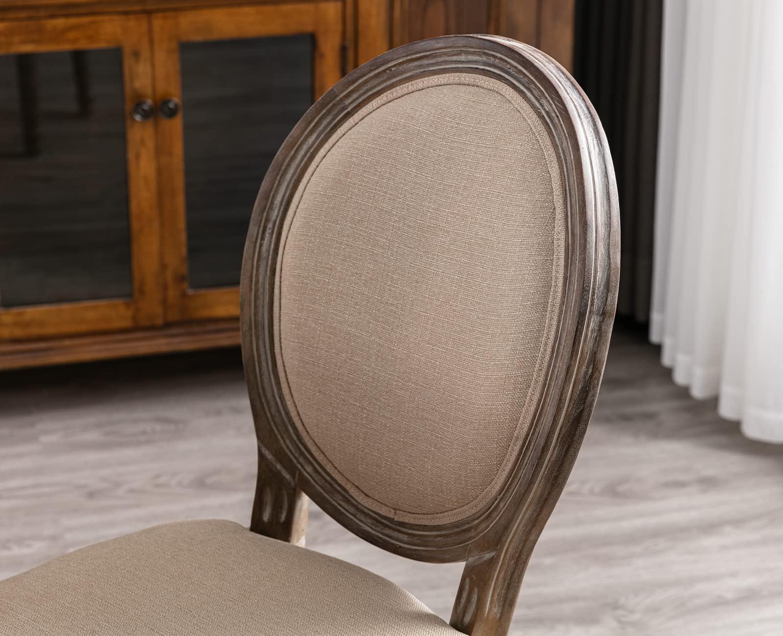 Kmax Farmhouse Dining Chairs Set of 2 - Brown Wooden Legs with Elegant Tufted Beige Fabric & Distressed Round Back - Perfect for Kitchen, Dining Room, Bedroom or French Country Decor