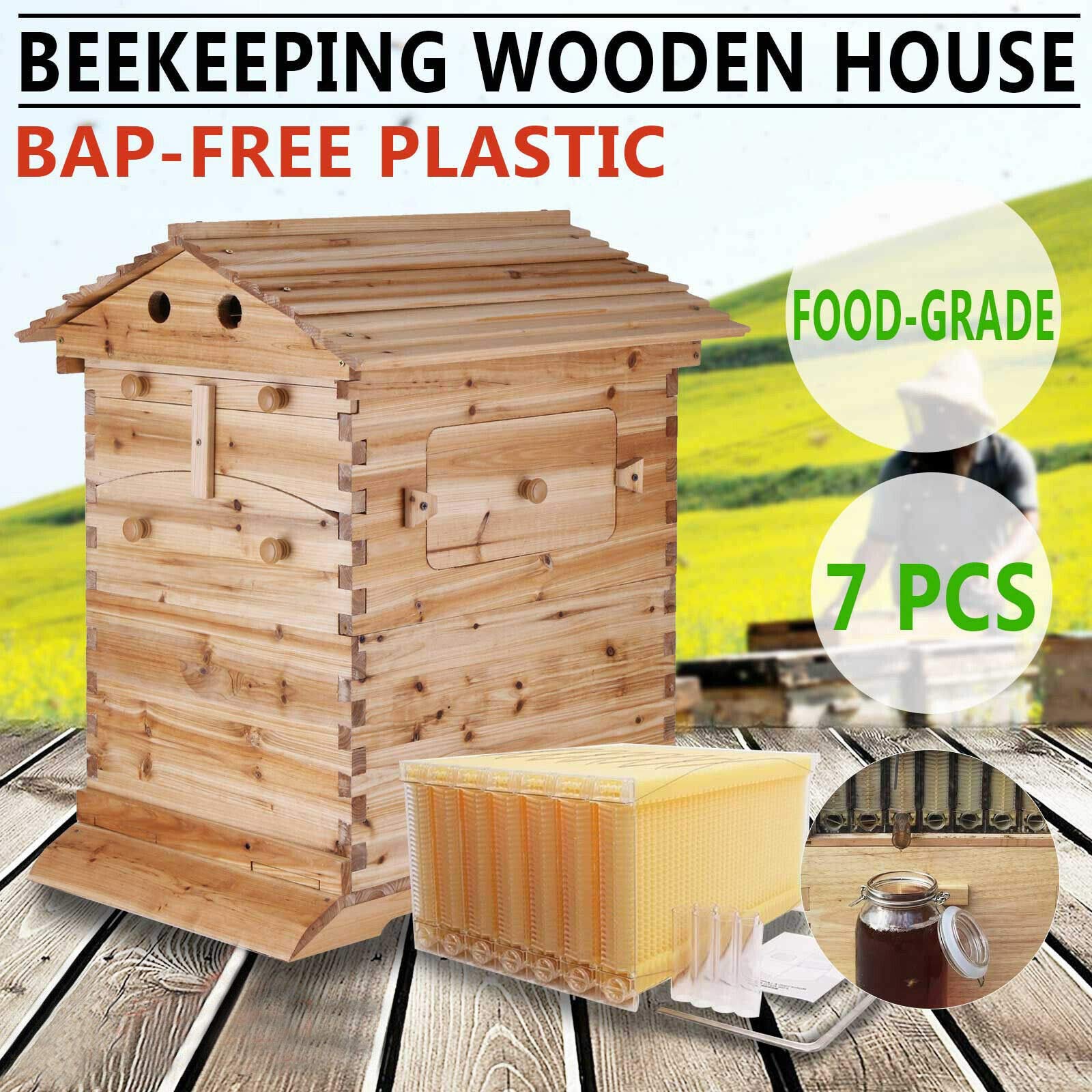 Automatic Wooden Beehive Starter Kit - 7pcs with Auto Honey Frames for Beekeeping | Perfect for Beginners & Backyard Hive Setup | Durable & Easy-to-Use Bee House for Honey Production