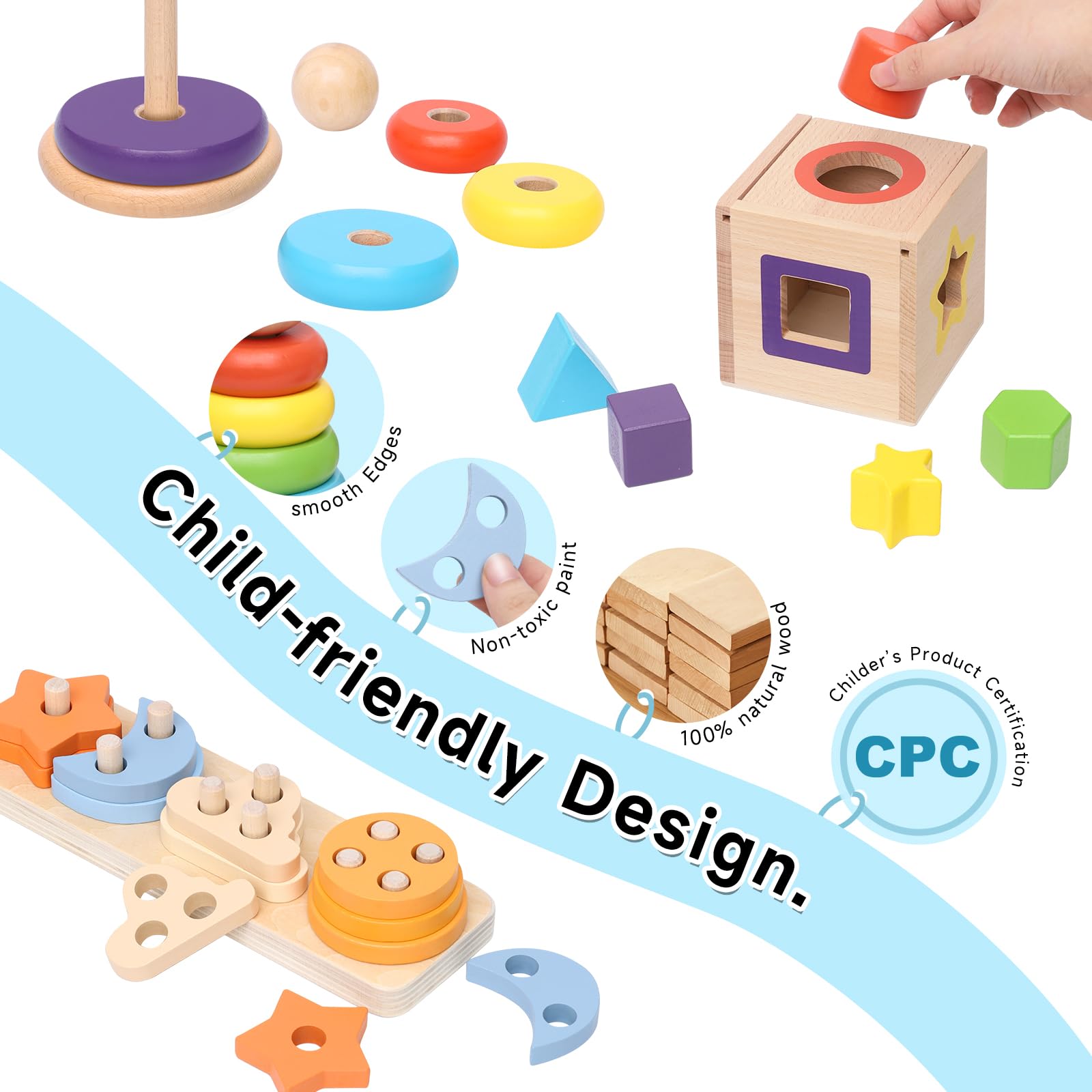 4-in-1 Wooden Montessori Toys for Toddlers 1-3 Years Old - Educational Sensory Learning Toys for Baby Boys & Girls - Developmental Toys for Fine Motor Skills - Perfect Christmas & Birthday Gift for 1+ Year Olds (Great for Early Childhood Education & Playtime Activities)