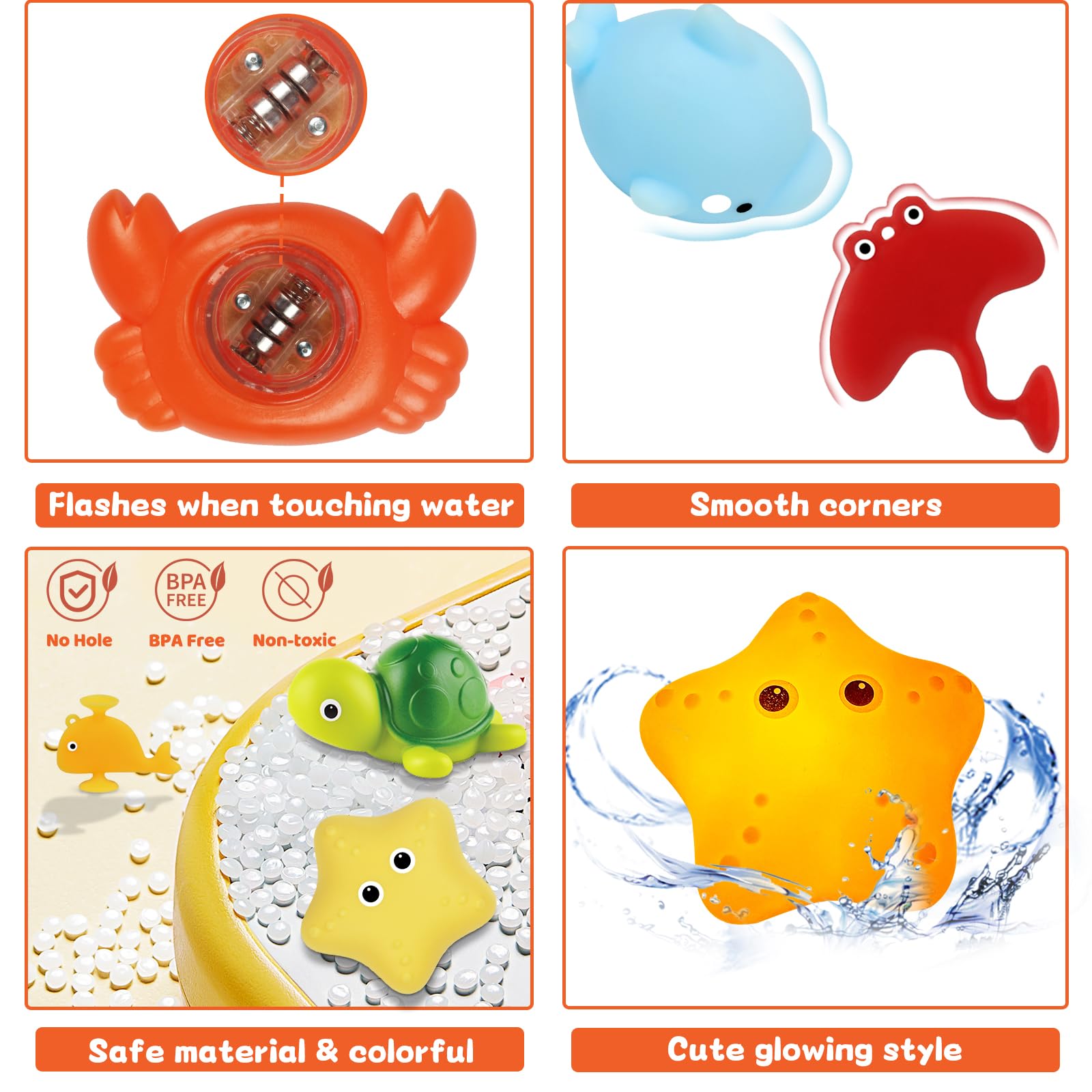 13-Piece Light Up Baby Bath Toys with Suction Cups - No Hole Bathtub Toys for Toddlers 6-12 Months & Kids 1-8 Years - Perfect for 1 2 3 Year Old Boys & Girls - Fun Stocking Stuffers & Sensory Play in Tub