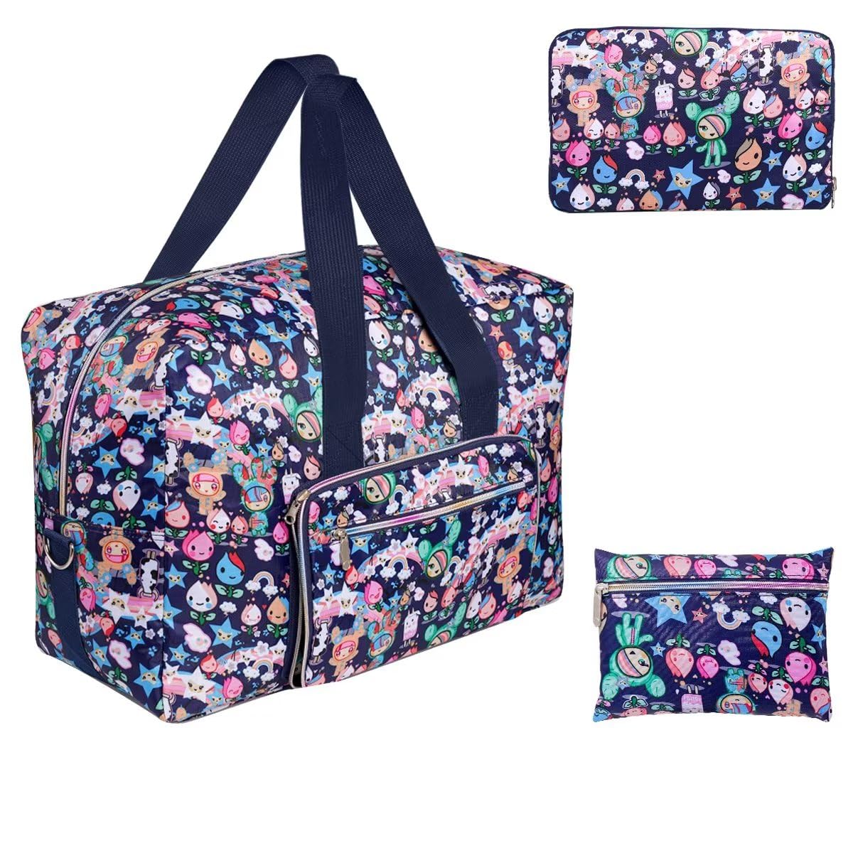 Foldable Travel Duffel Bags for Women - Large Nylon Weekender Overnight Carry On Bag with Floral Makeup Pouch | Perfect for Gym, Beach Trips & Weekend Getaways