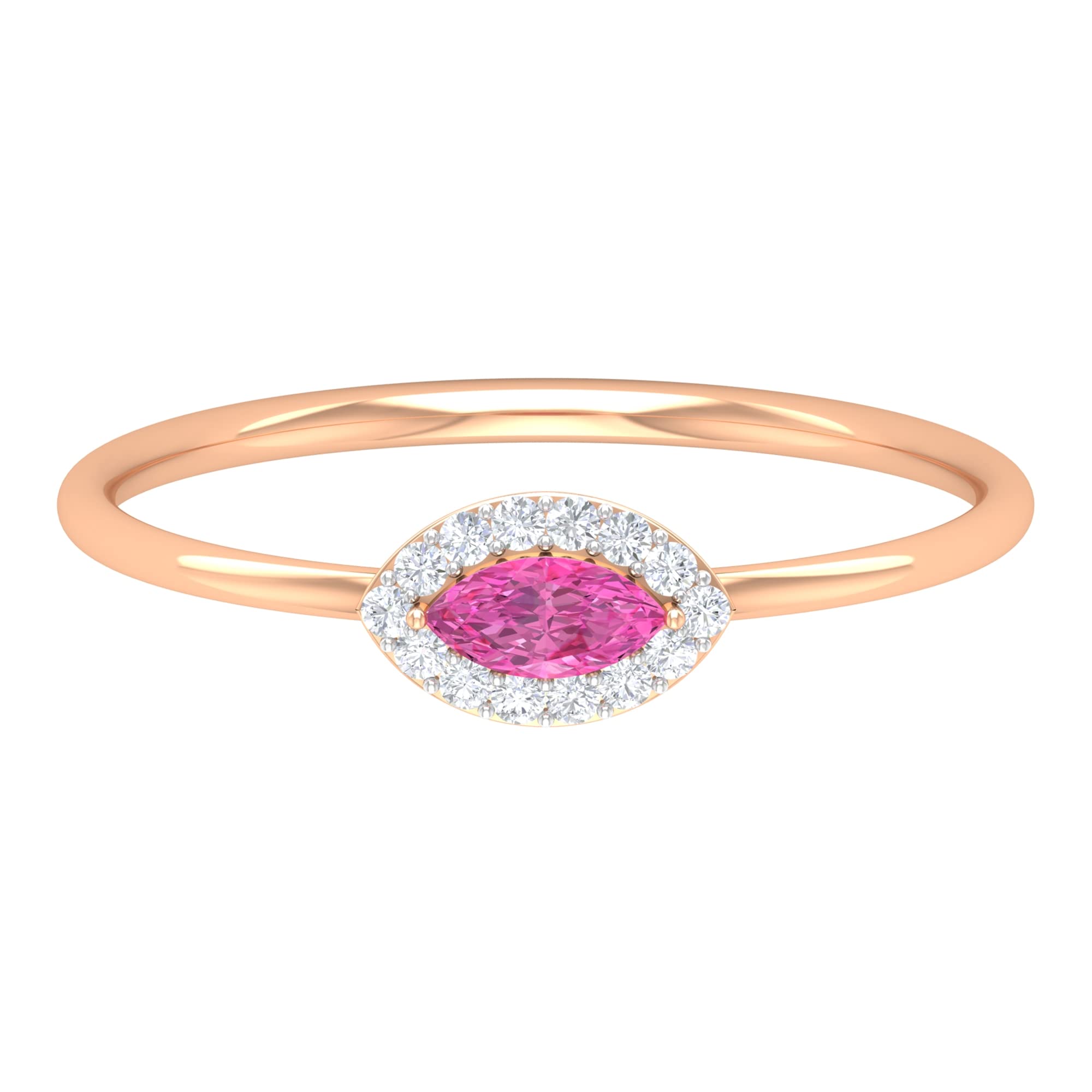 1/4 CT Pink Sapphire & Diamond Marquise East West Promise Ring in 14K Solid Gold - Minimalist Elegance for Engagement, Anniversary & Special Occasions