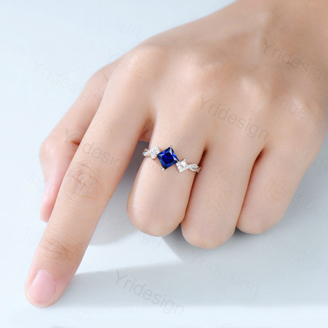 Vintage Princess Cut Sapphire Engagement Ring for Women - 14K White Gold Square Eternity Band with Twisted Diamond Accents - Perfect for Proposals, Anniversaries & Romantic Gifts