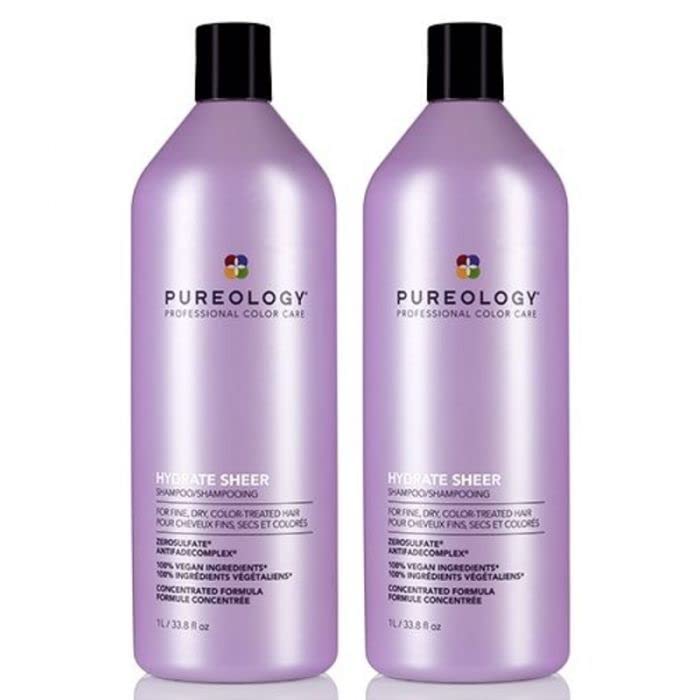 Pureology Hydrate Sheer Shampoo 1000ml (33.8oz) - Sulfate-Free Moisturizing Shampoo for Color-Treated & Fine Hair - Double Size for Long-Lasting Use - Perfect for Daily Hair Care & Salon Professionals