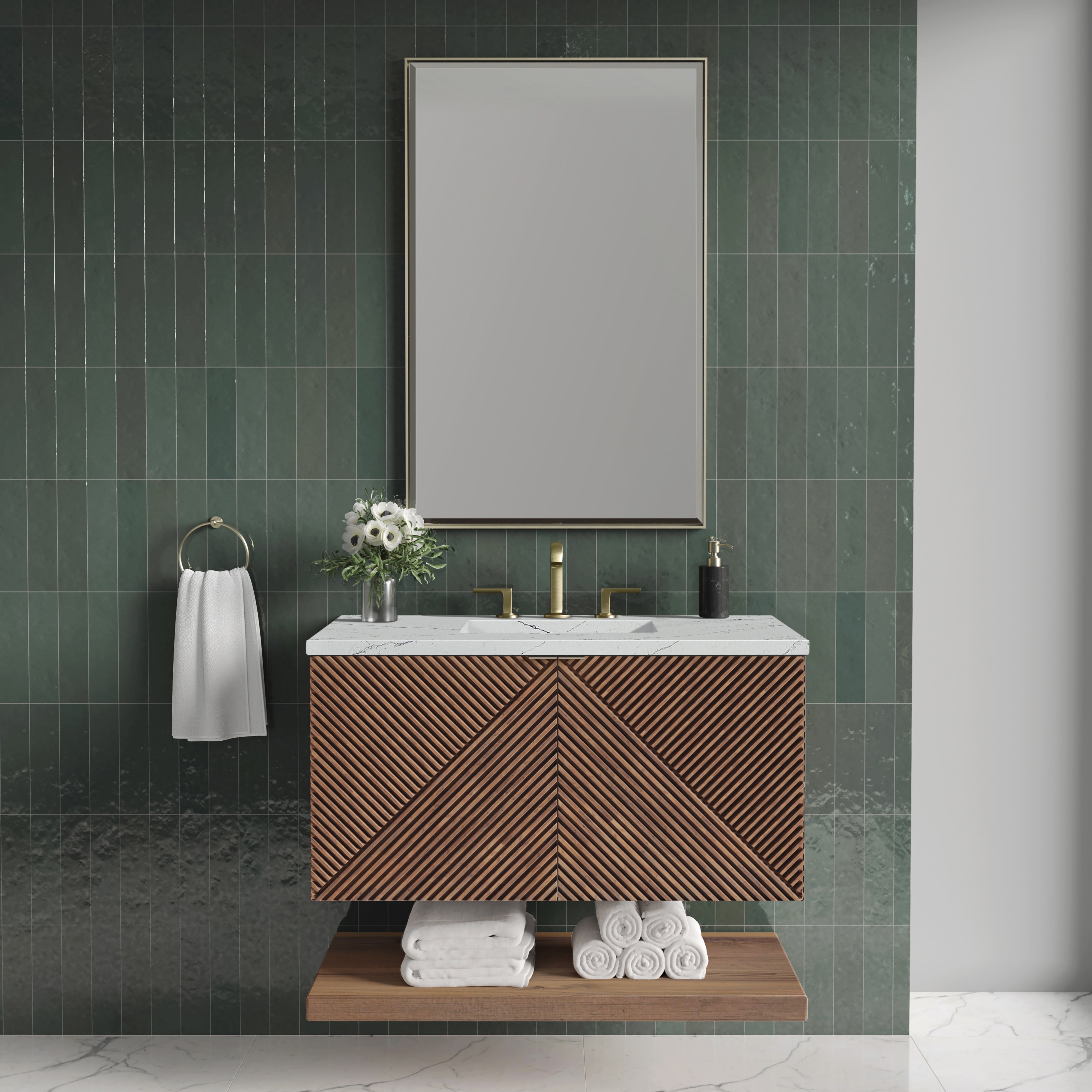 Marcello 36 Inch Single Bathroom Vanity with Sink - Chestnut Finish & 3CM Ethereal Noctis Quartz Countertop | Perfect for Modern Bathroom Remodel & Small Space Solutions