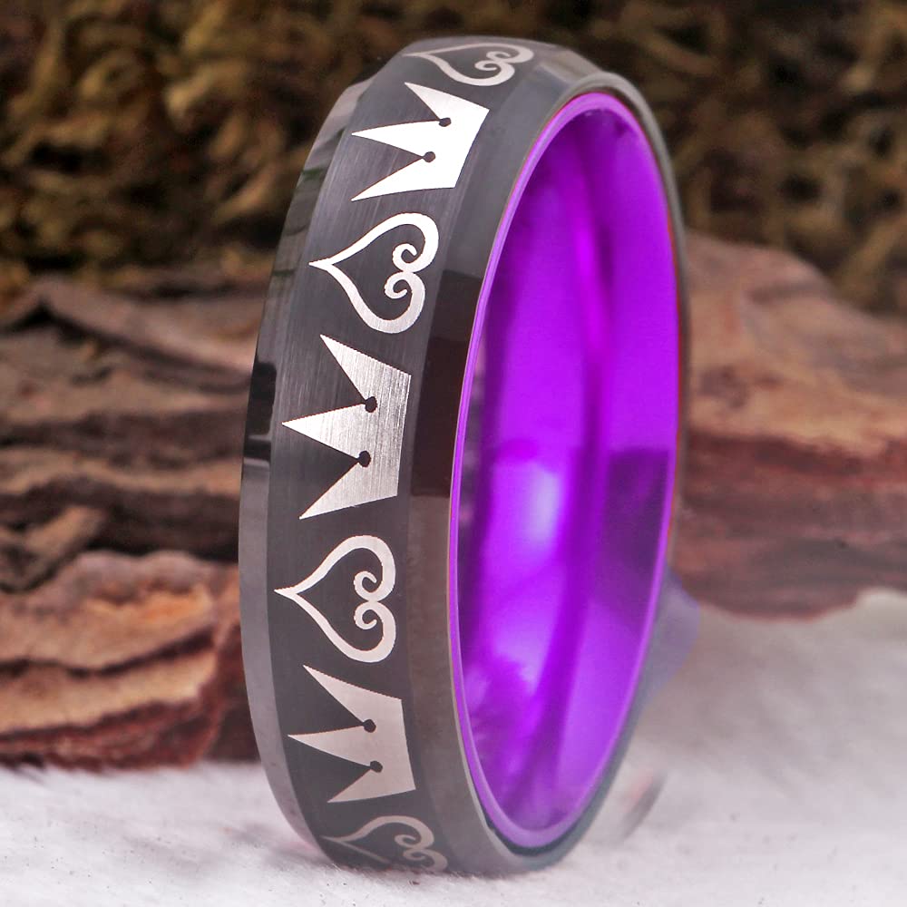 Kingdom Hearts & Crowns Design Cosplay Jewelry - 8mm Wide Red & Black Tungsten Ring with Matte Finish & Beveled Edges - Wedding Band, Engagement Ring, Gift for Gamers & Anime Fans - Free Custom Engraving