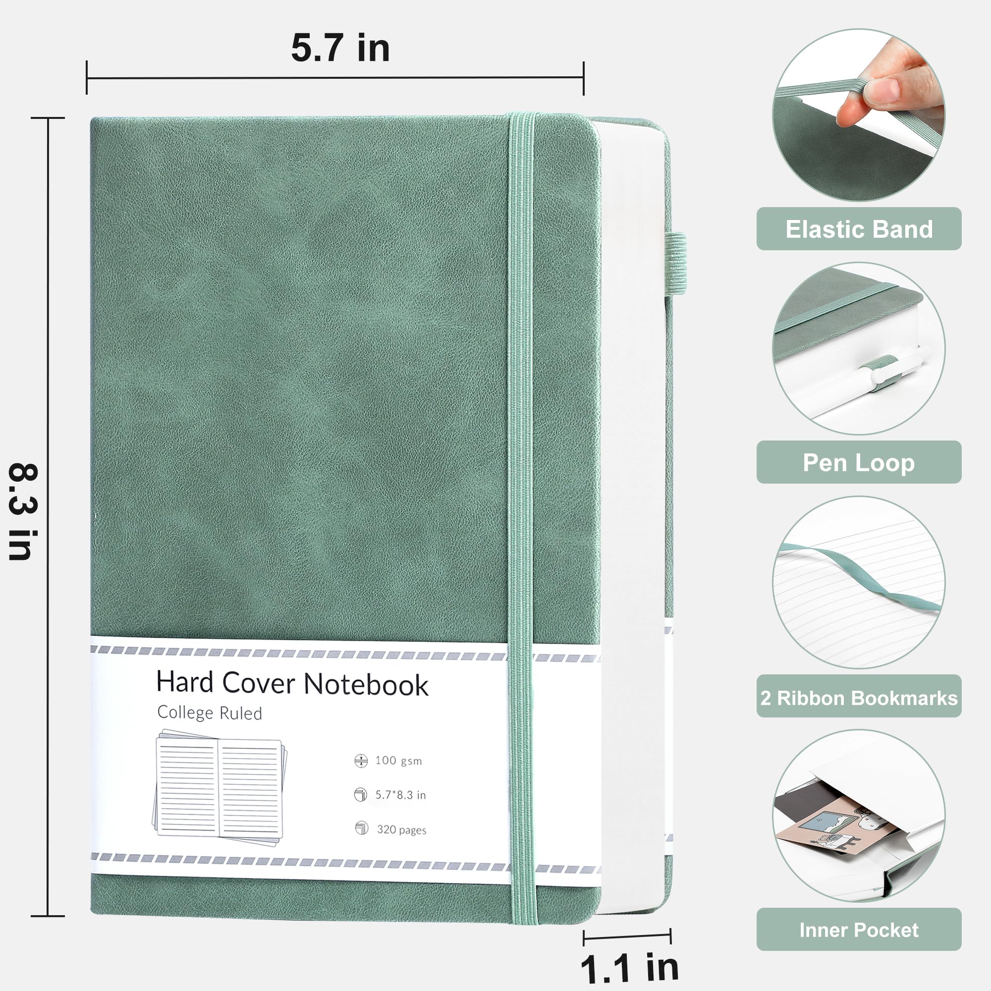 Premium Lined Journal Notebook for Women & Men - 320 Pages, 100 GSM Thick Paper, A5 Hardcover Leather Writing Diary - Perfect for Work, Note Taking, Journaling & Gift Giving (5.7x8.3 Inches, Green)