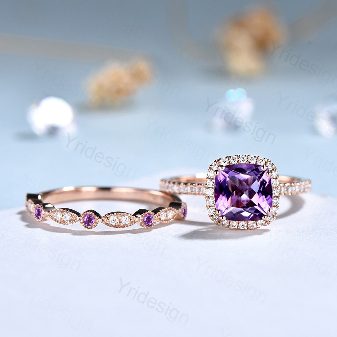 Vintage Cushion Cut Amethyst Wedding Ring Set in 14K Rose Gold - Art Deco Halo Diamond Bridal Set for Women | Engagement, Anniversary & Special Occasion Jewelry Gift