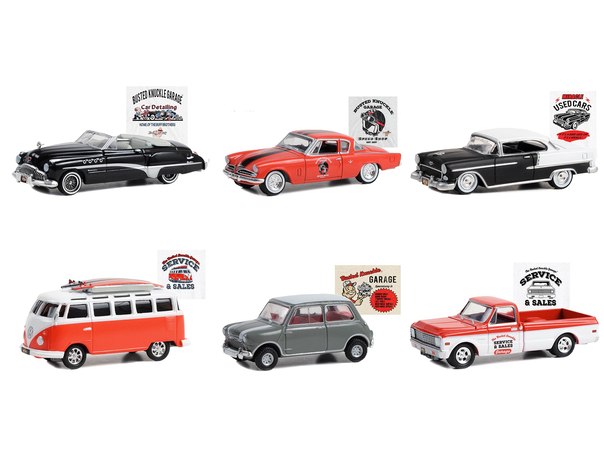 Busted Knuckle Garage Series 2 - 6 Piece 1/64 Diecast Model Car Set by Greenlight | Collectible Miniature Vehicles for Display & Racing Scenes