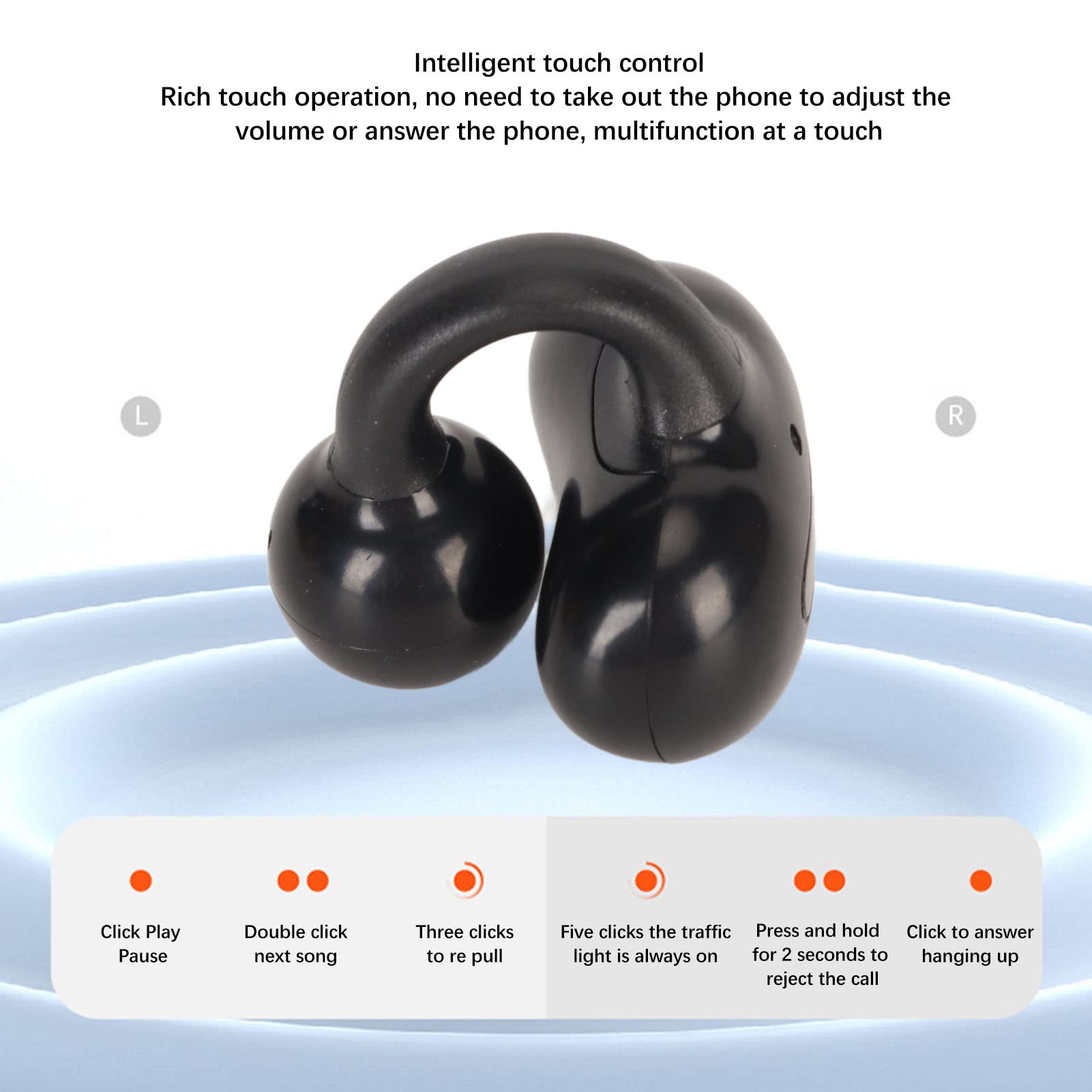 Premium Clip-On Wireless Earbuds Bluetooth 5.0 Open-Ear Headphones with Touch Control, Hi-Fi Stereo Single Ear Headset for Running, Cycling, Driving & Business Calls - Comfortable Secure Fit for Active Lifestyles (Black)