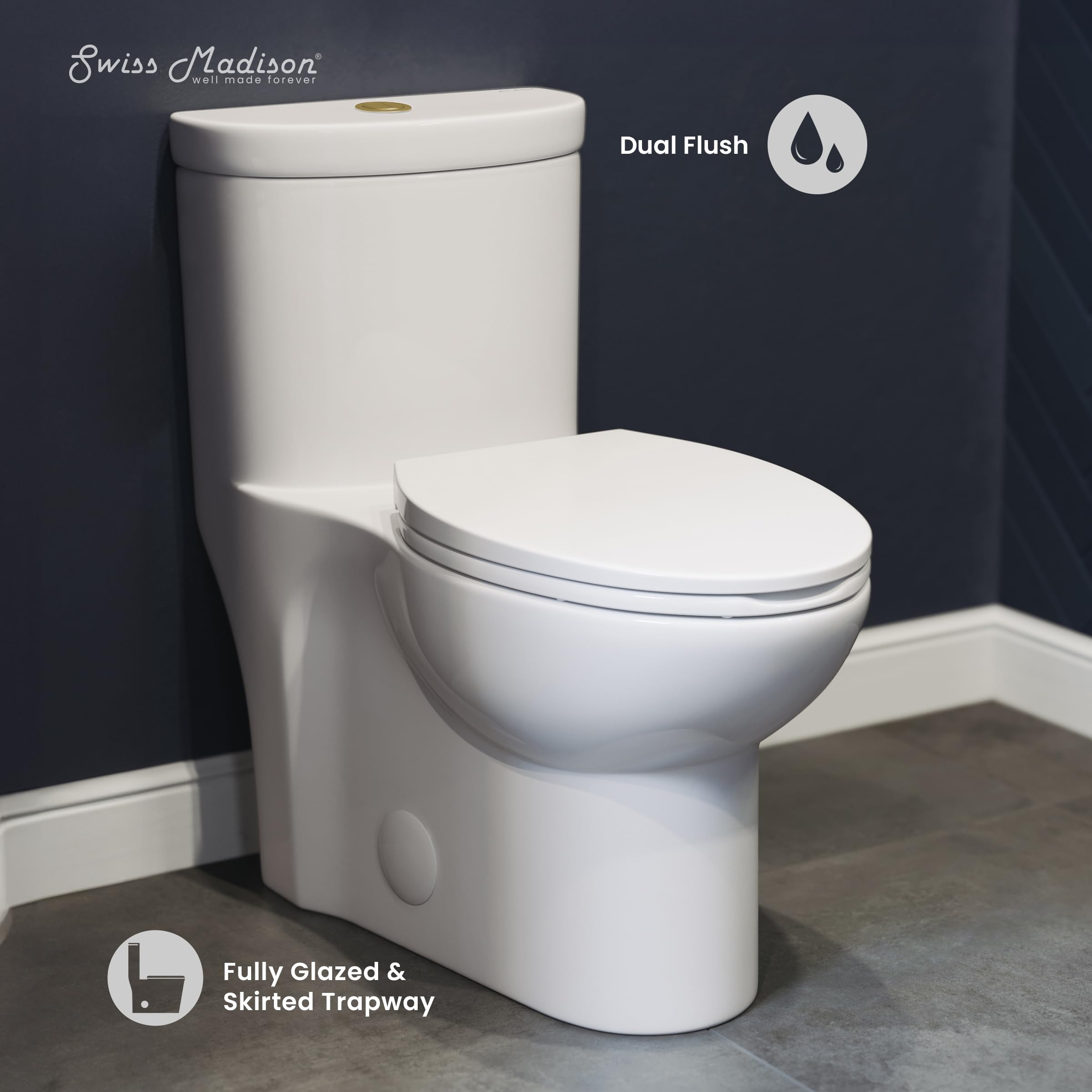 Premium One Piece Elongated Toilet with Dual Flush Technology - 1.1/1.6 GPF, Brushed Gold Hardware - Perfect for Modern Bathrooms & Luxury Homes