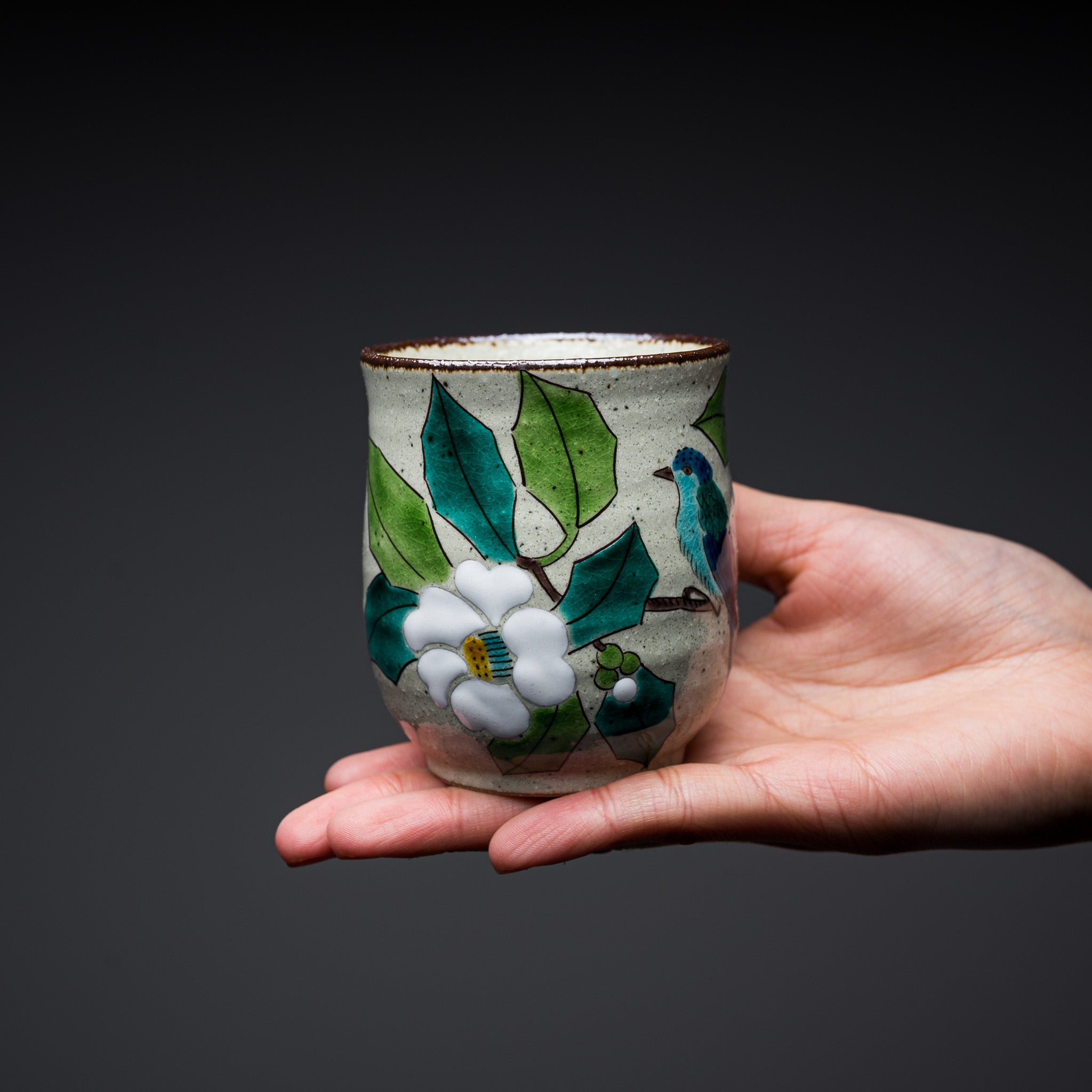 Authentic Kutani Ware Japanese Yunomi Tea Cup - Handcrafted White Camellia Design | Perfect for Matcha, Green Tea & Traditional Japanese Tea Ceremonies