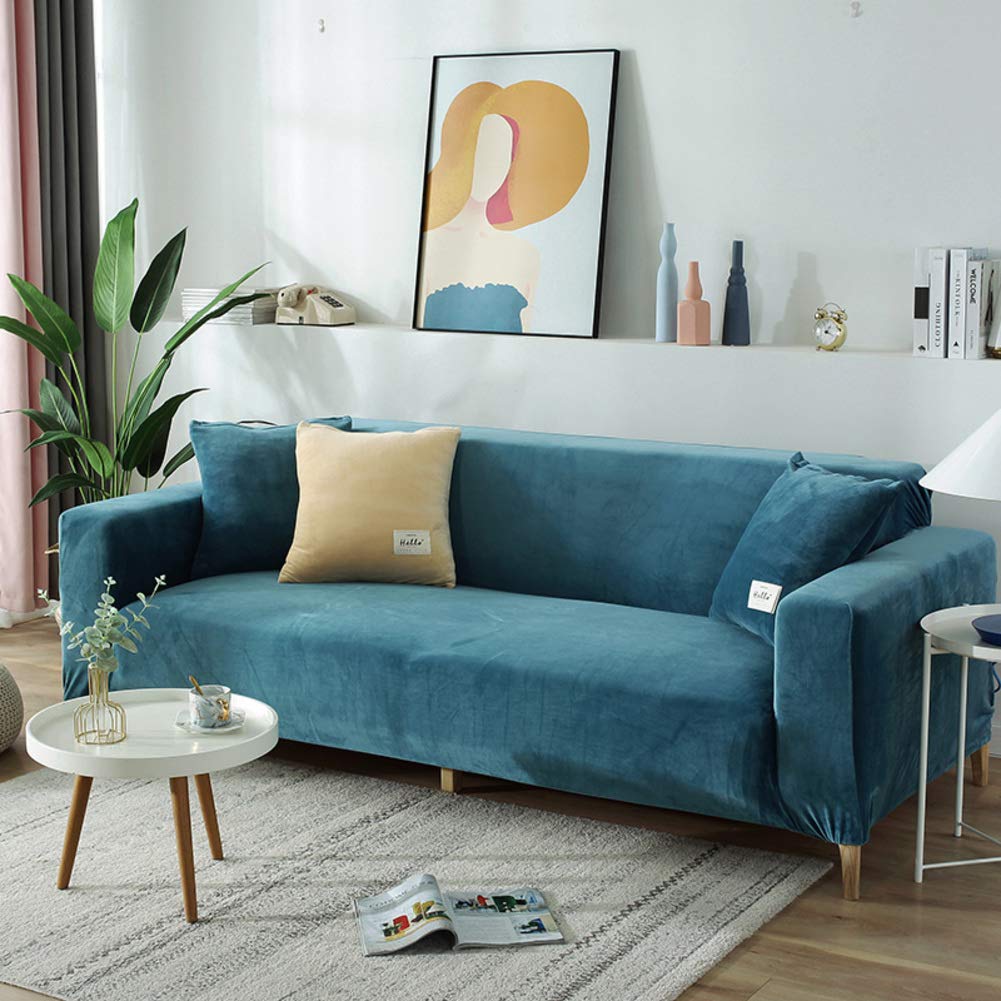 Elastic Stretch Sofa Slipcover - Universal Washable Velvet Couch Cover for 3 Seater, Blue | Furniture Protector for Living Room, Home Decor & Pet-Friendly Use