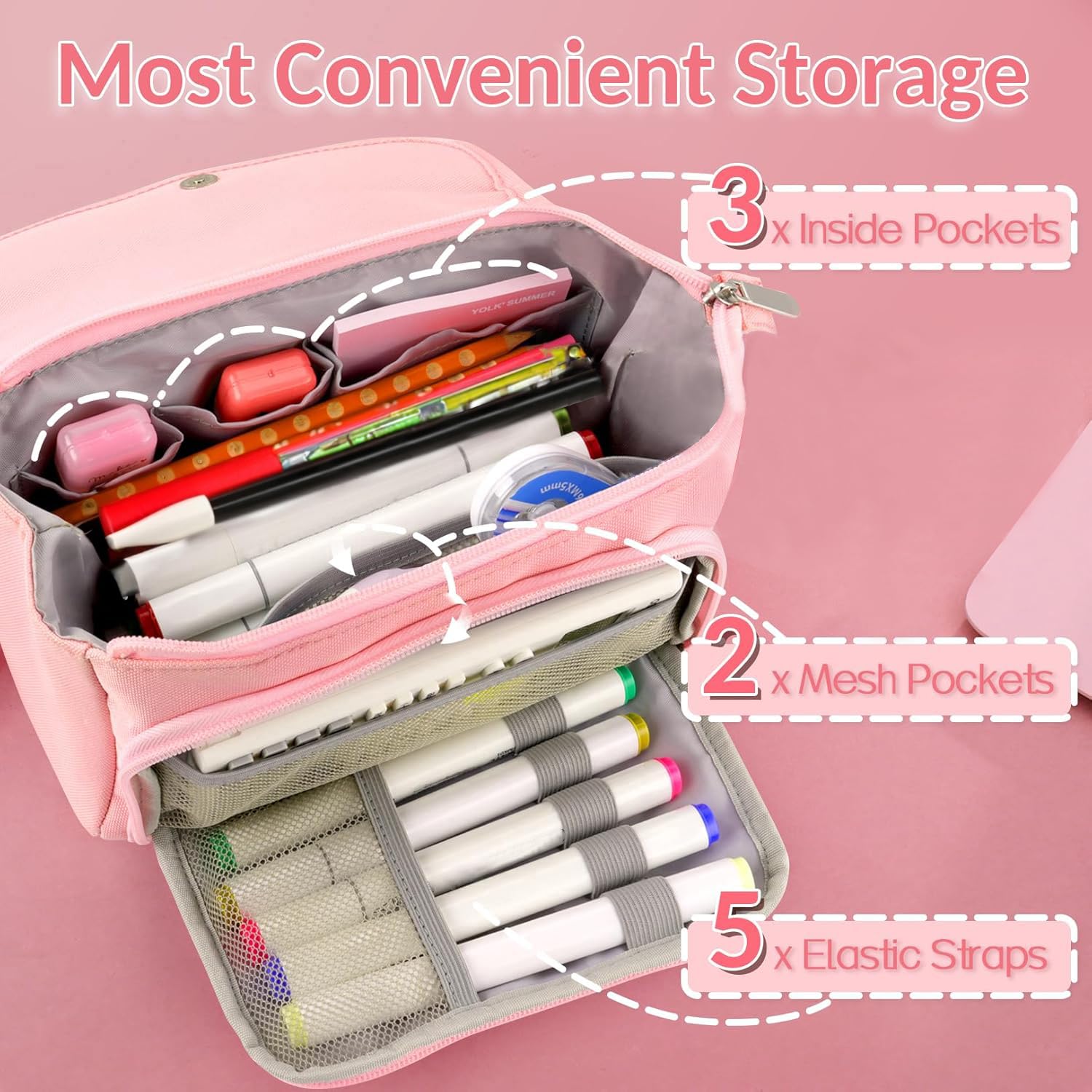 Sooez Large Pencil Case for School - Big Capacity 3-Compartment Zippered Pouch Holds 200 Pens, Cute Aesthetic Pink Stationery Organizer for Girls | Perfect for Classroom, College, Office & Travel Supplies