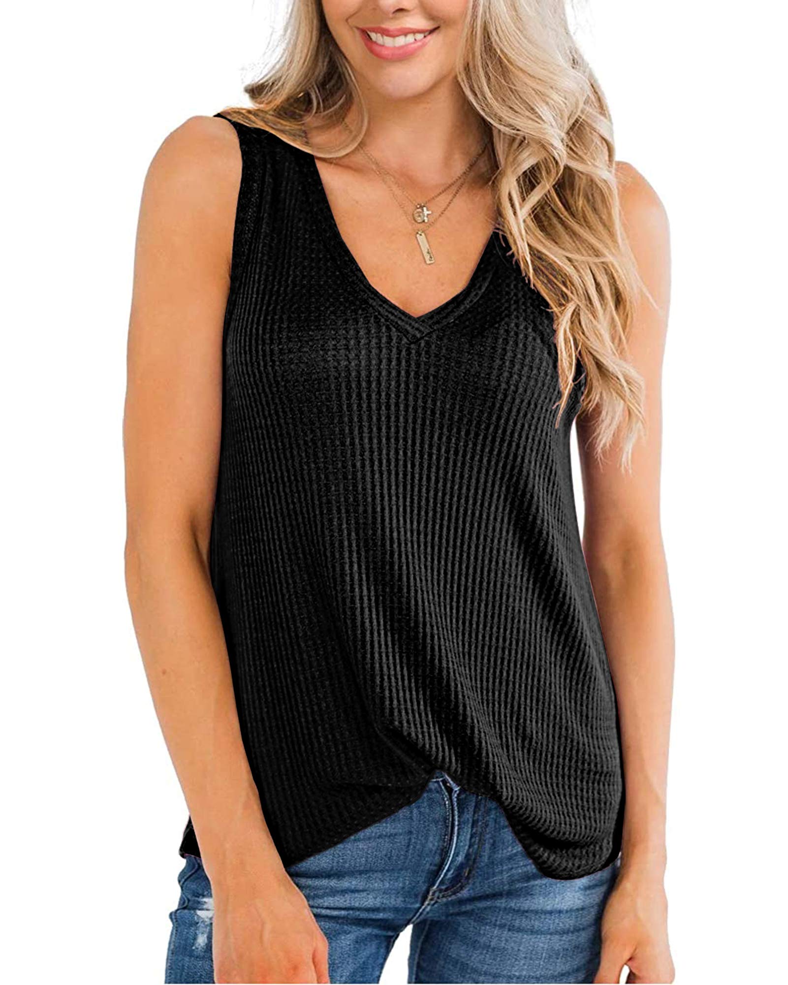 WNEEDU Women's Waffle Knit V-Neck Tank Top - Summer Casual Sleeveless Shirt, Loose Tunic Blouse for Beach, Vacation & Everyday Wear