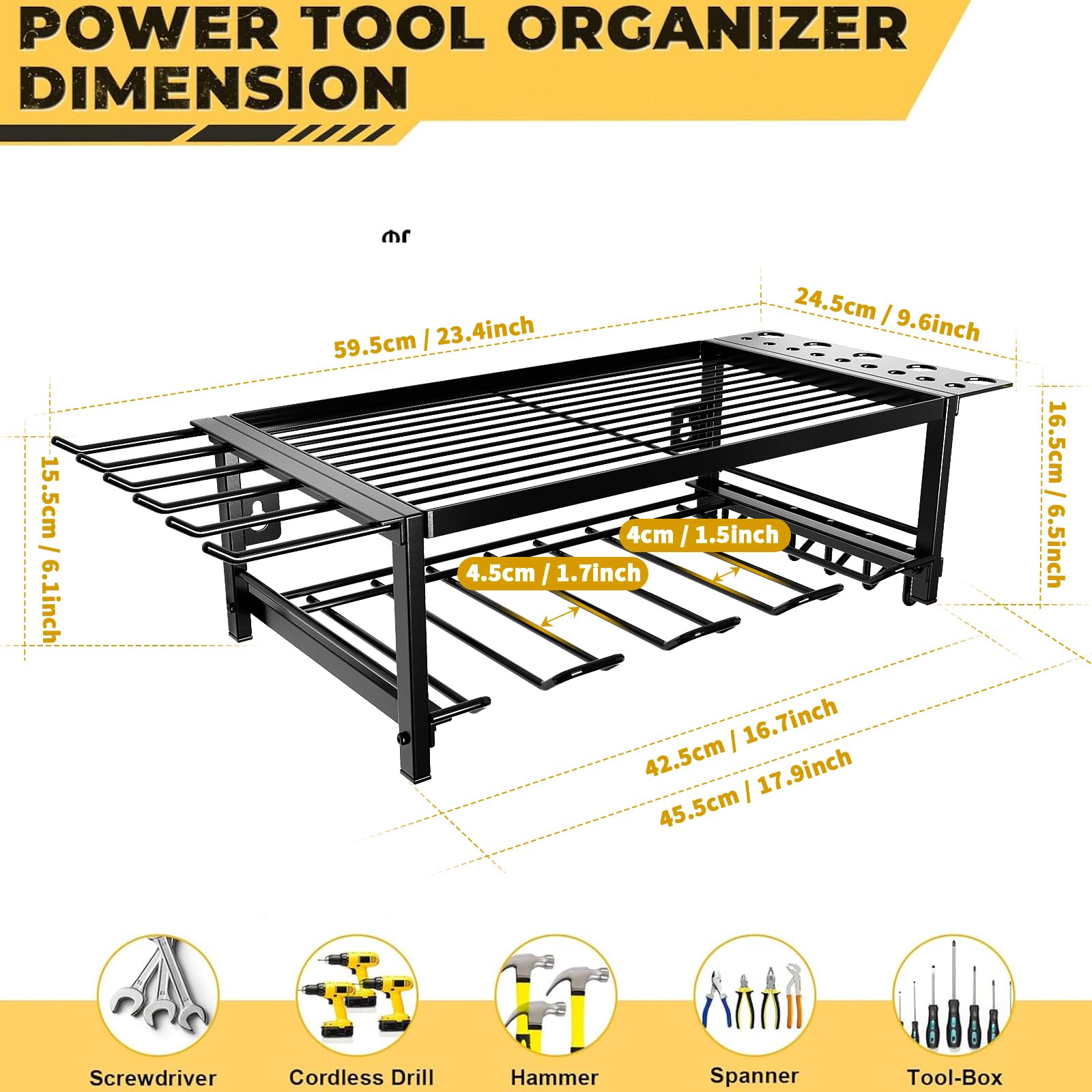 Heavy Duty 2-Layer Metal Garage Tool Organizer with Drill Holder, Screwdriver Holder, Plier Holder & Hammer Holder - Wall Mounted Power Tool Storage Shelf for Garage, Workshop & DIY Projects (Black)