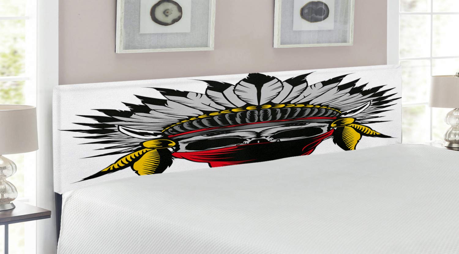 Ambesonne King Size Upholstered Metal Bed Headboard with Memory Foam - Gothic Skull Sketch with Feathers & Veil Art Print in Red, Grey & Yellow | Perfect for Gothic Bedroom Decor, Horror Theme Rooms & Unique Home Interior Design